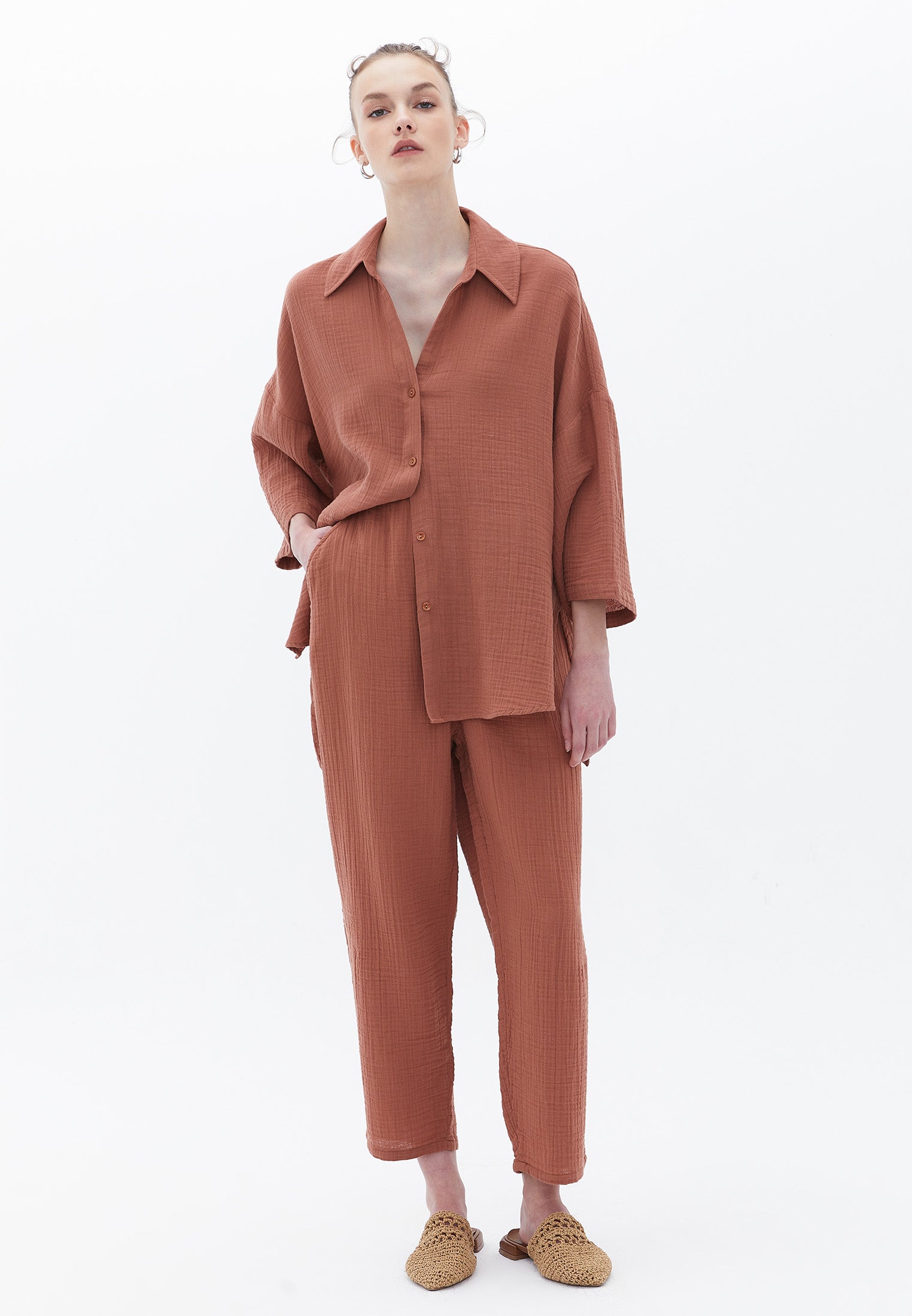 Carrot Leg Cotton Trousers - RUSSET