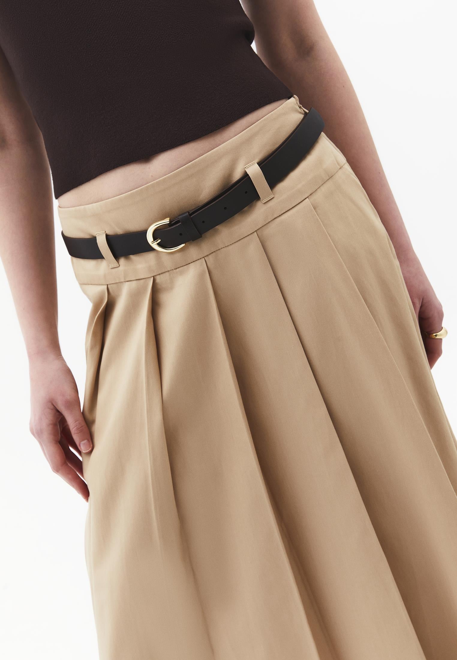 Long Pleated A-Line Skirt With Belt Detail - SAFARI