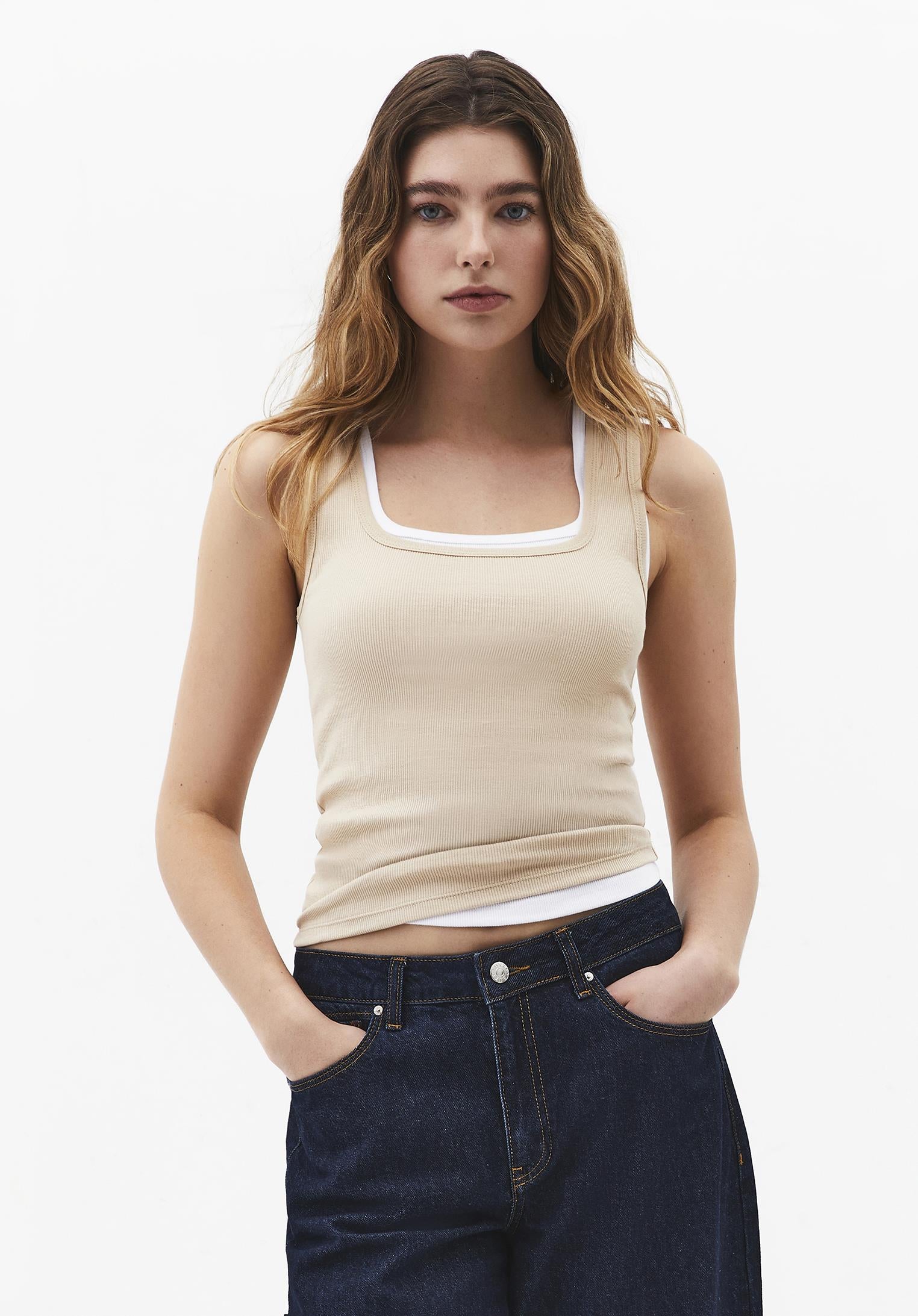 Square Neck Bodycon Tank Top - SAFARI