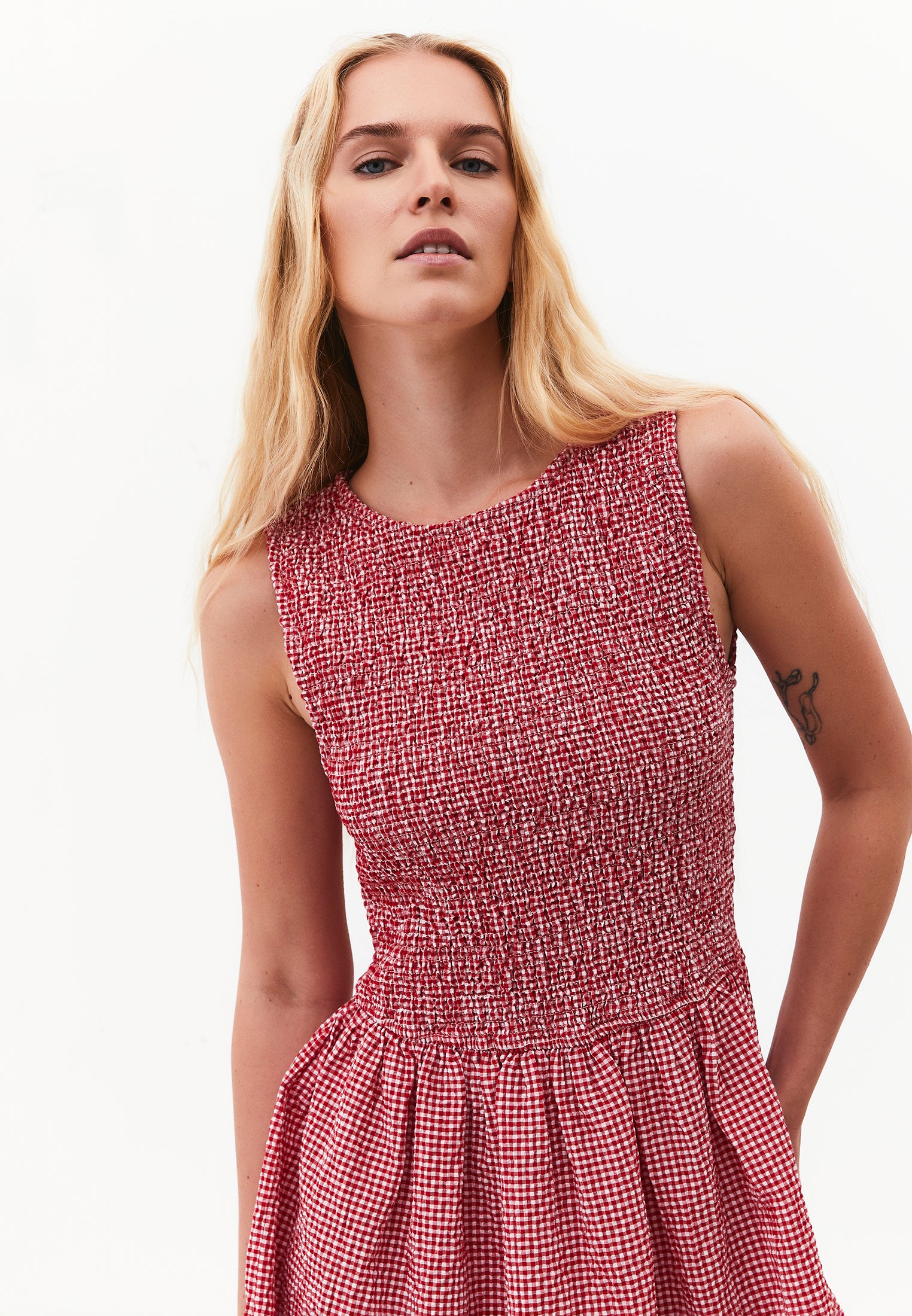 Women's Jumpsuit With Crew Neck And Shirred Details - SAMBA GINGHAM