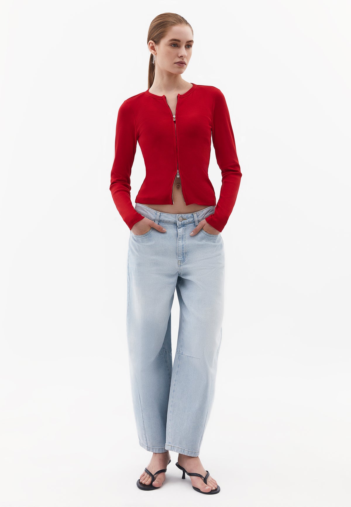 Crew Neck Long Sleeve Zip Detailed Bodycon T-Shirt - SAMBA