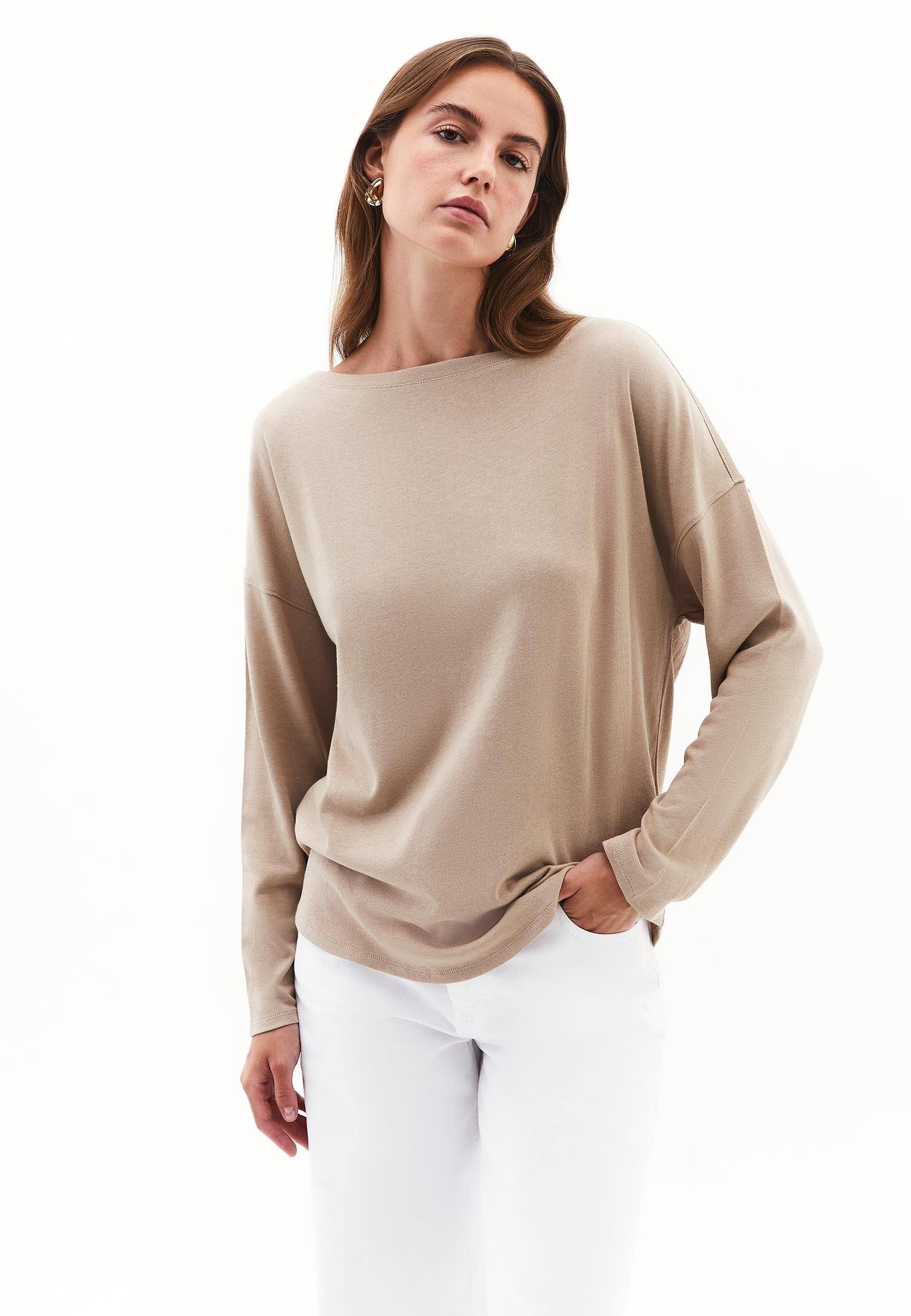 Boat Neck Loose Knit Look Sweater - SAVANNAH TAN