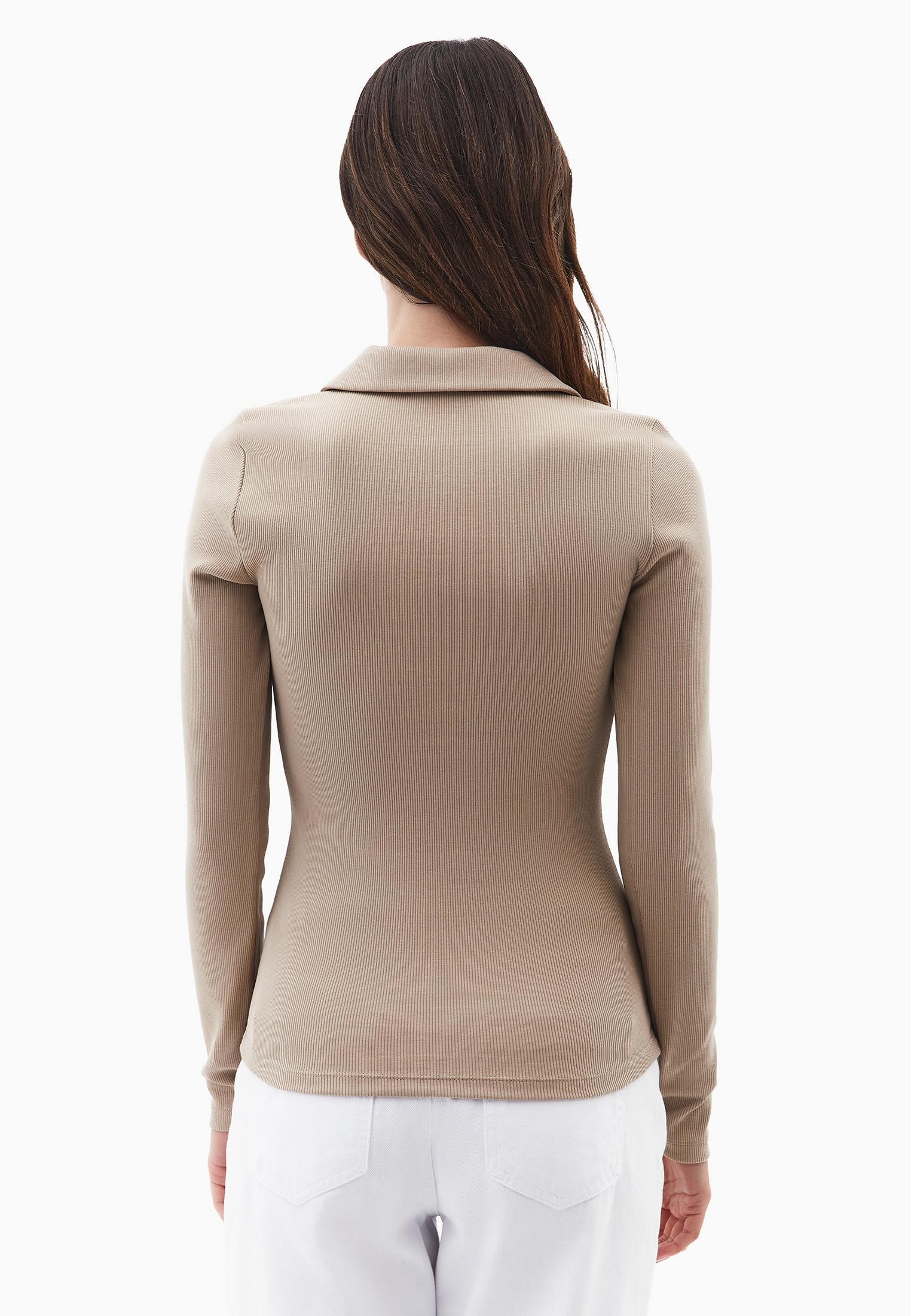 Polo Collar Long Sleeve Bodycon T-Shirt - SAVANNAH TAN