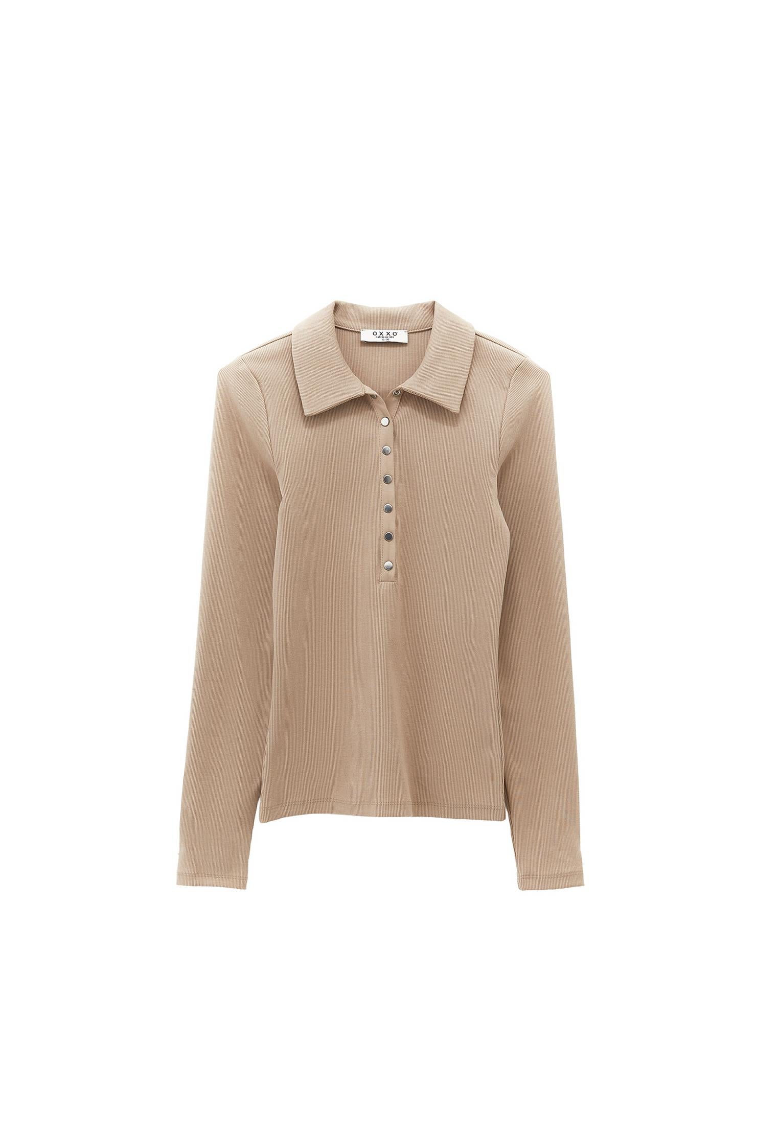 Polo Collar Long Sleeve Bodycon T-Shirt - SAVANNAH TAN