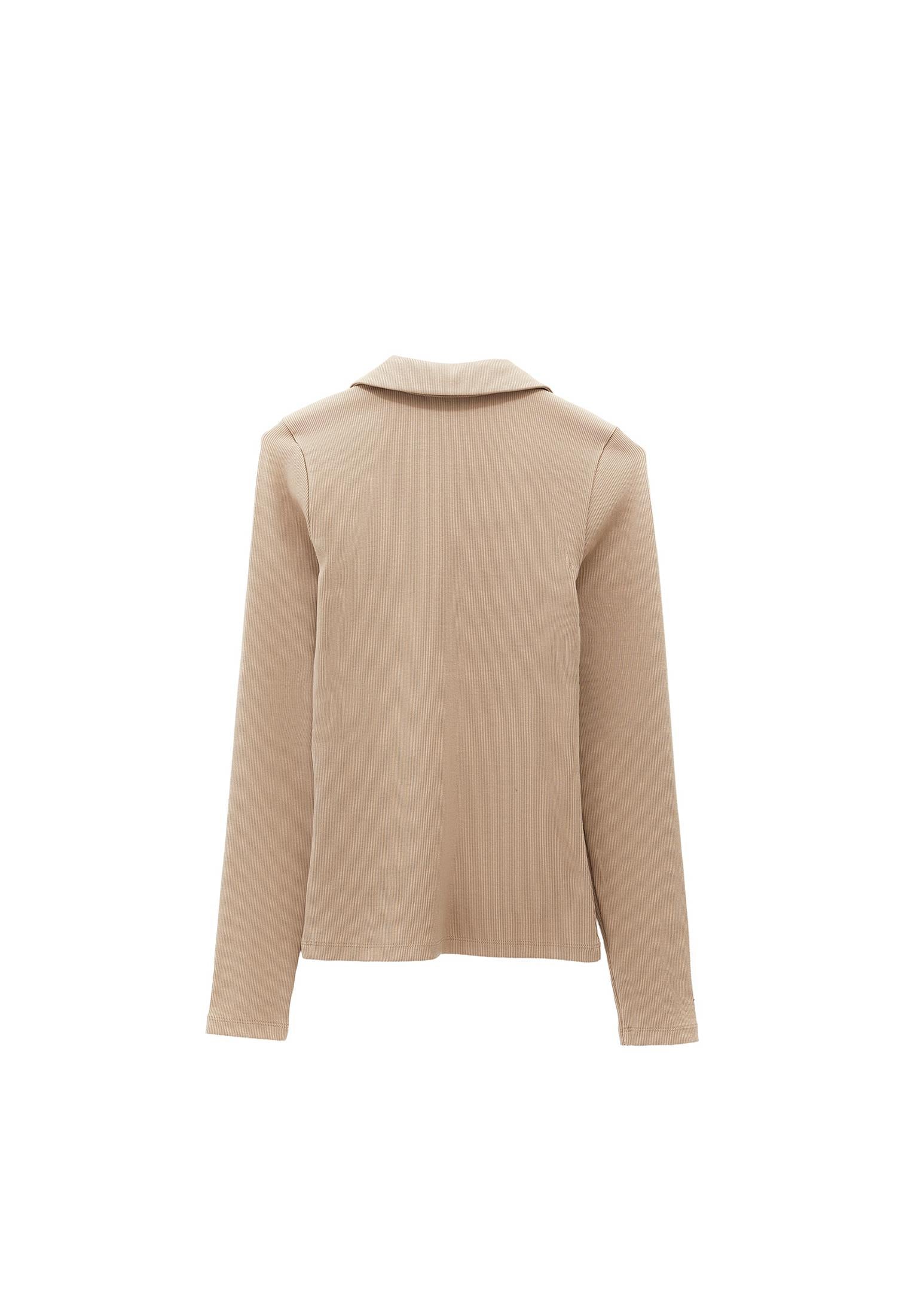 Polo Collar Long Sleeve Bodycon T-Shirt - SAVANNAH TAN
