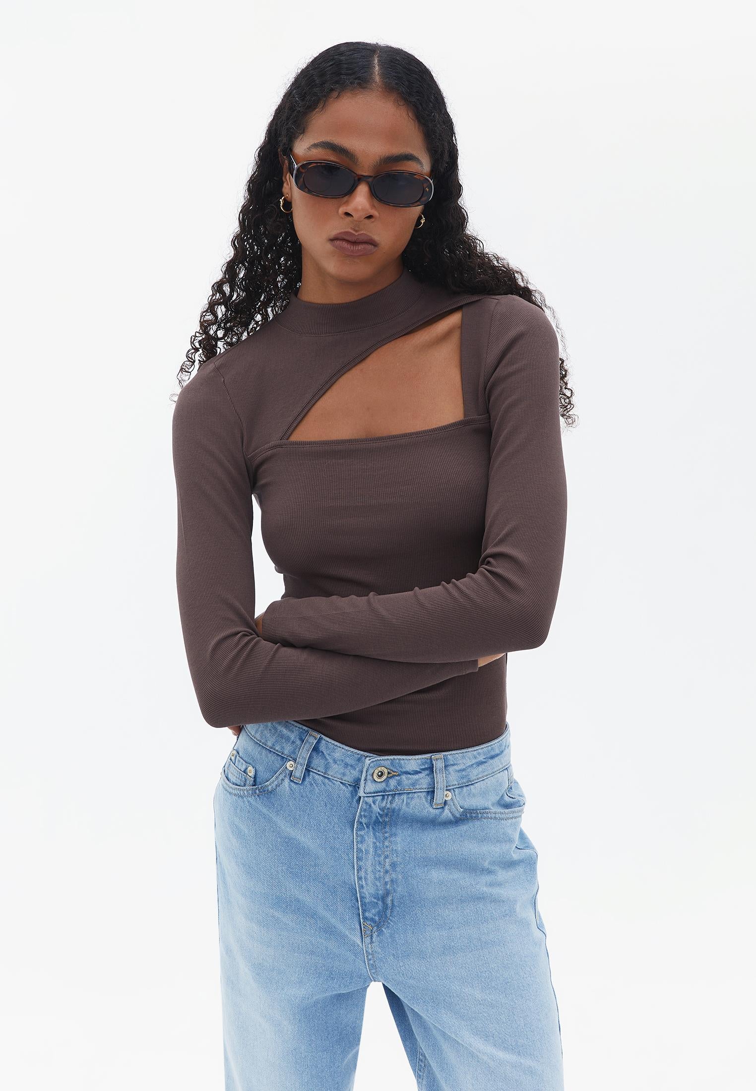 High Neck Long Sleeve Bodycon T-Shirt - SHOPPING BAG