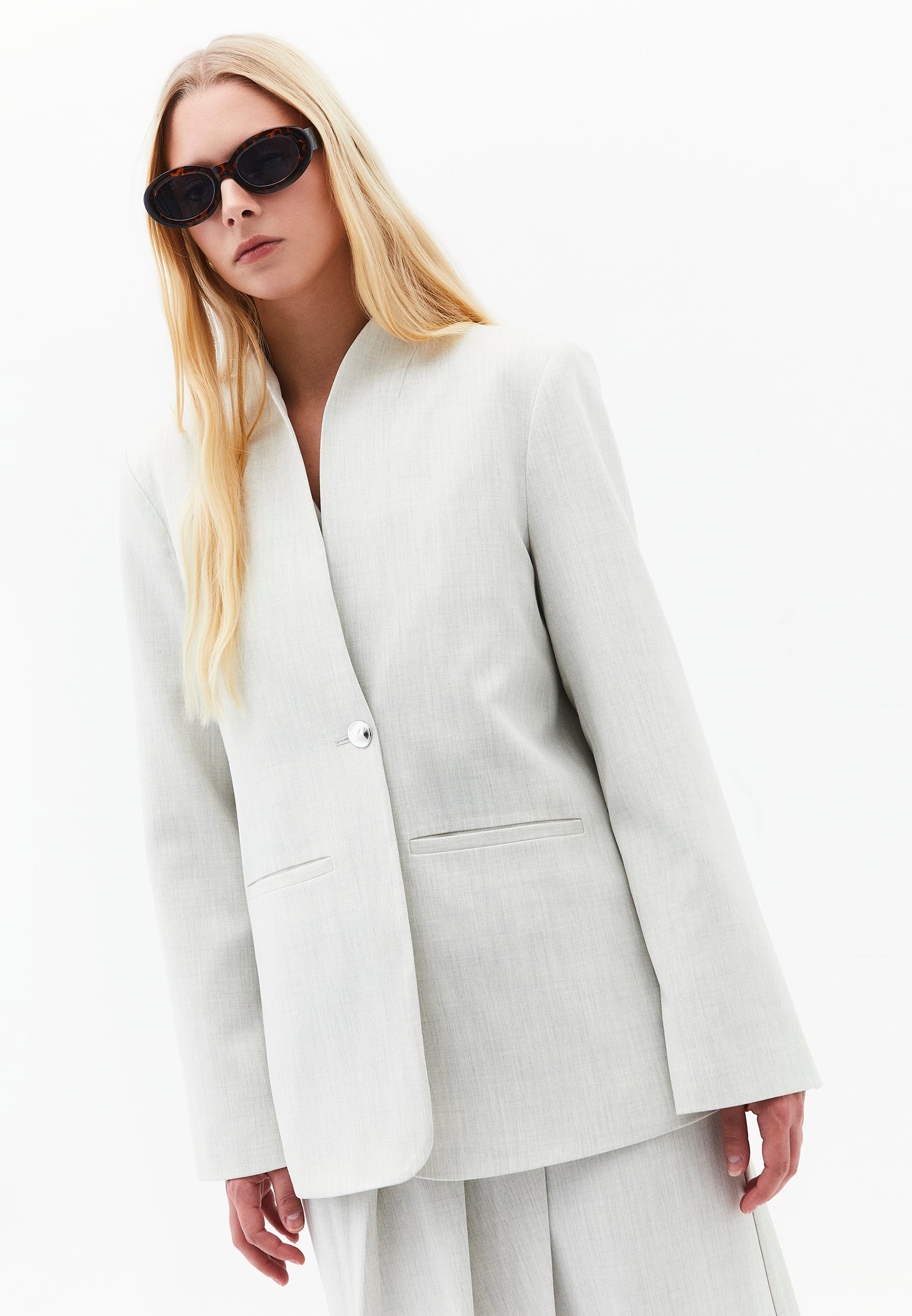 High Collar Button Detailed Oversize Blazer Jacket - SILVER BIRCH MELANGE