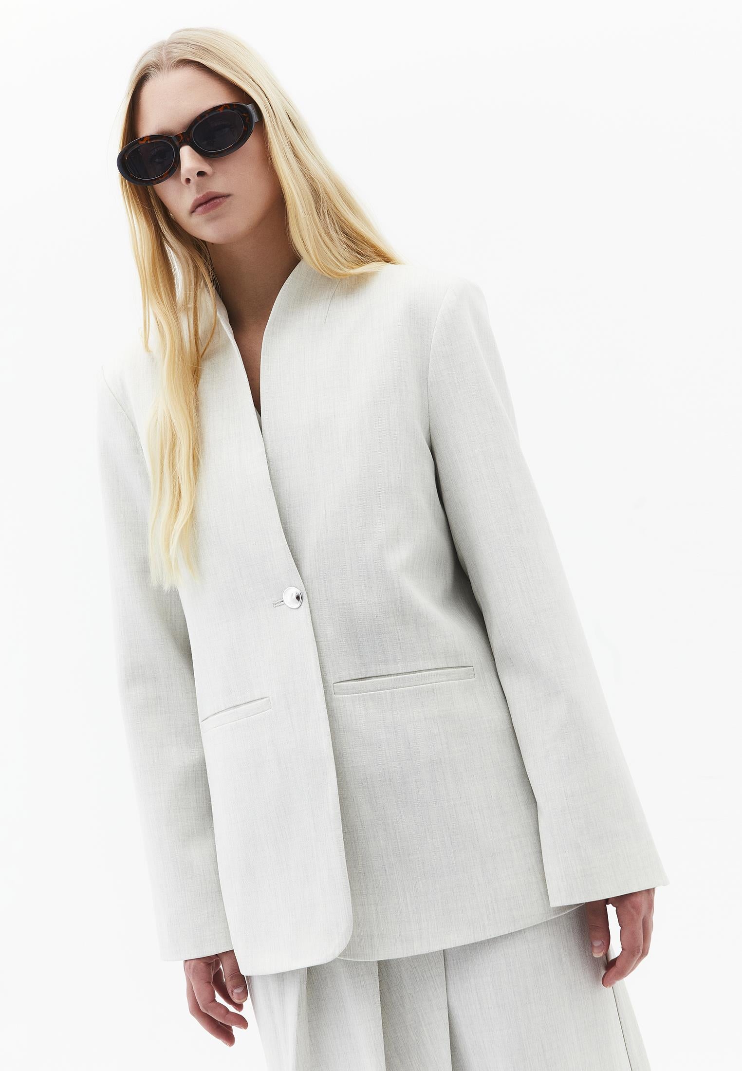 High Collar Button Detailed Oversize Blazer Jacket - SILVER BIRCH MELANGE