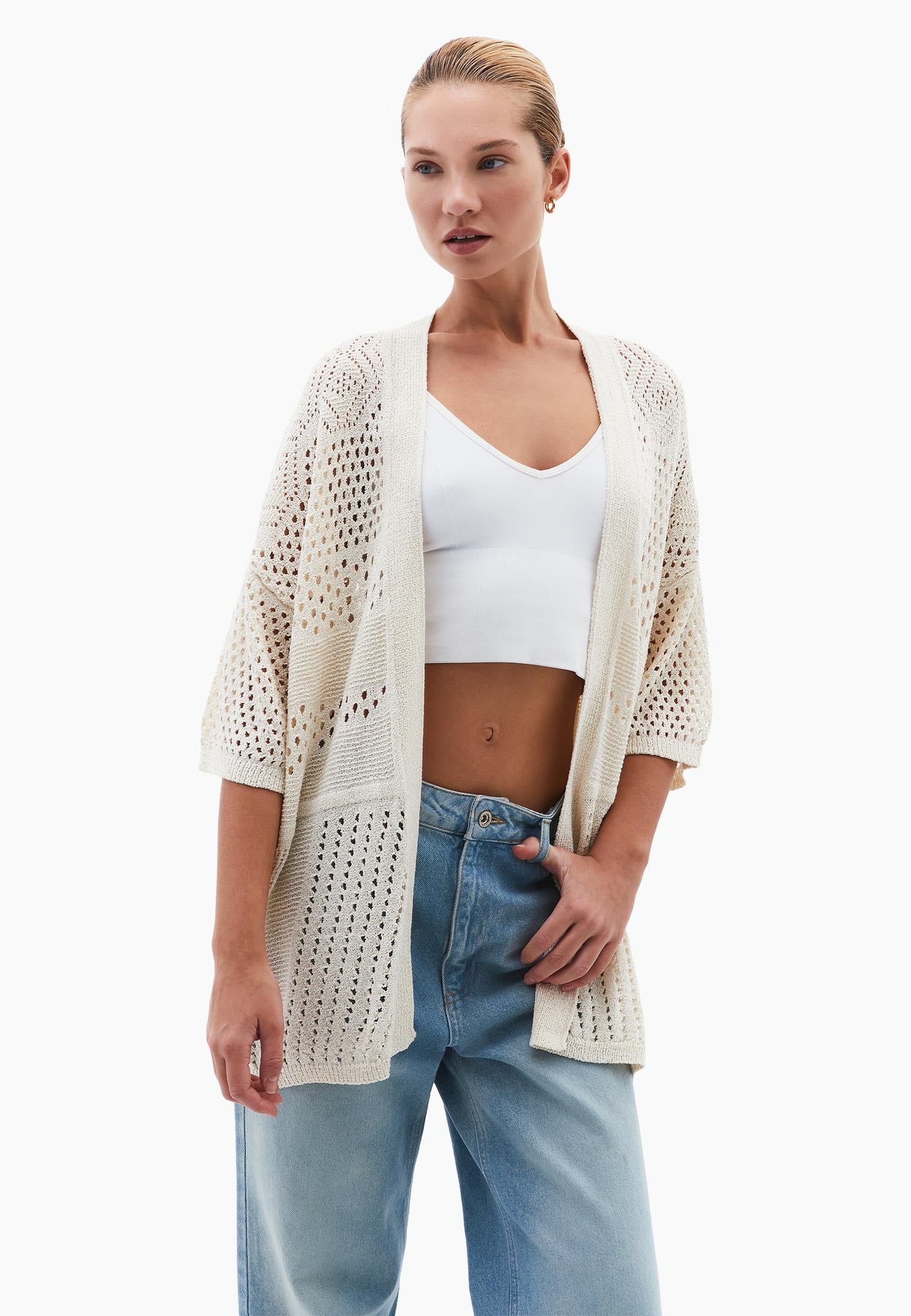 Midi Cardigan With Ajour Details - SILVER BIRCH