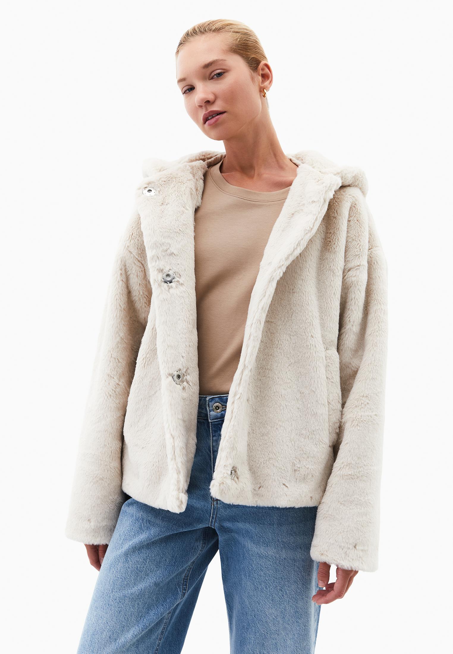 Hooded Fur Jacket - SILVER BIRCH
