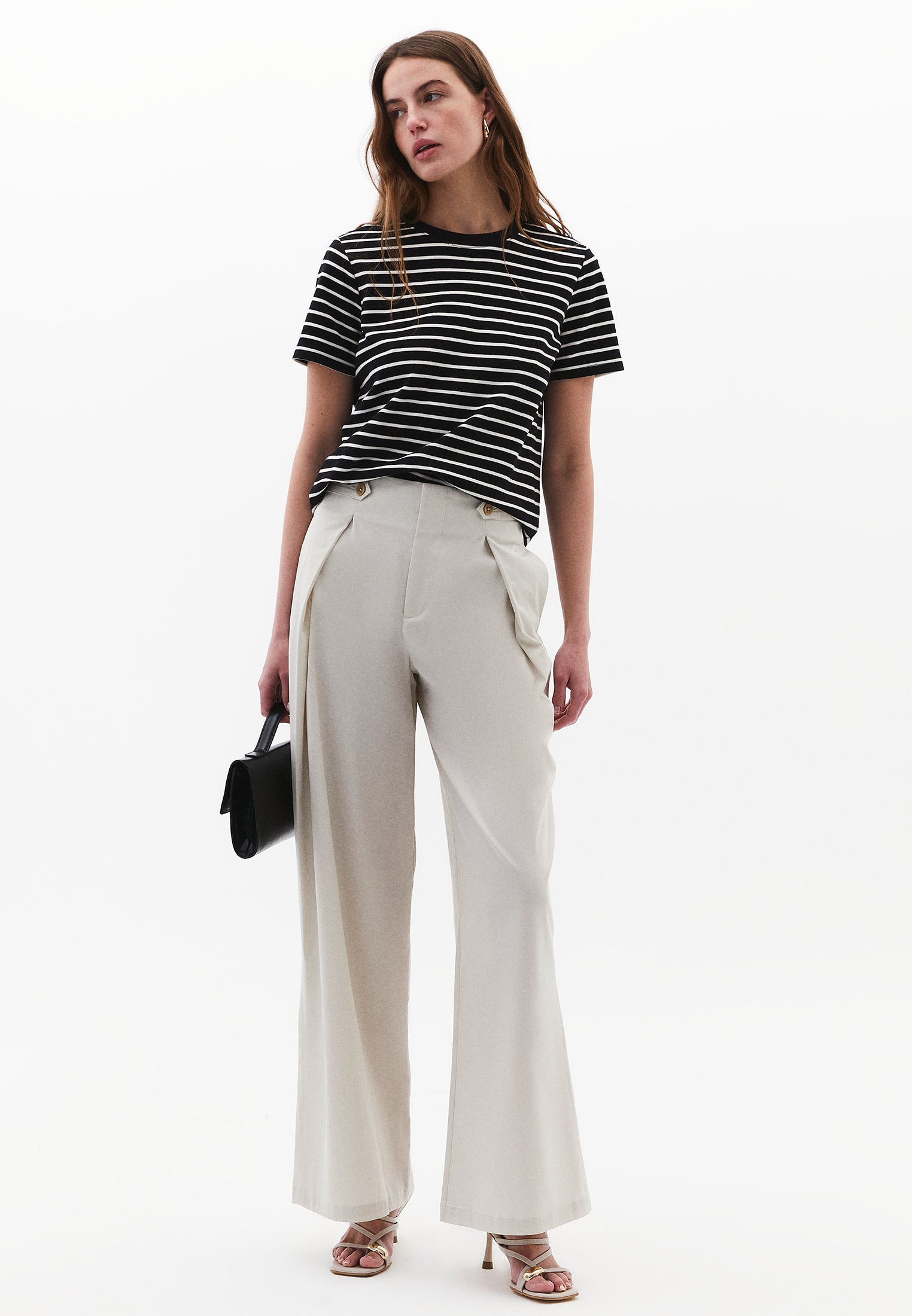 Pleated High Waist Trousers With Button Details - SILVER BIRCH