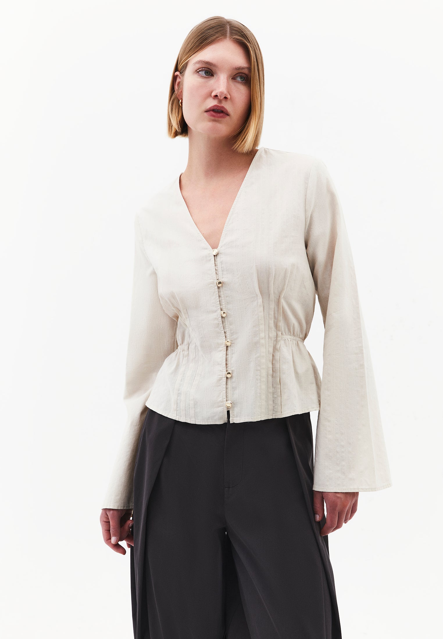 Slim Fit Blouse With Mandarin Collar And Long Sleeves - SILVER BIRCH