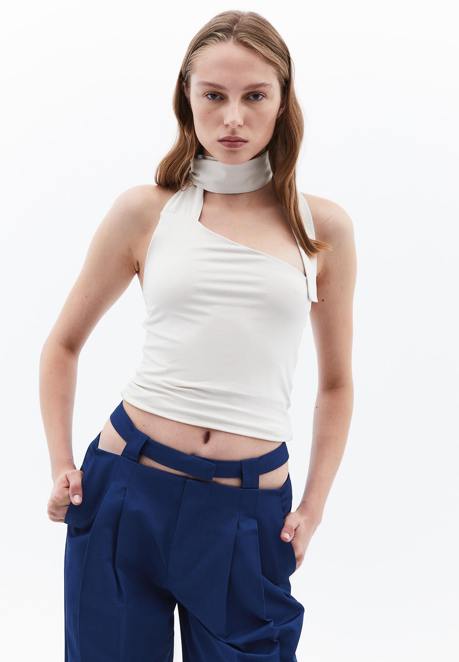 Asymmetric Balloon Sleeve Tank Top - SILVER BIRCH
