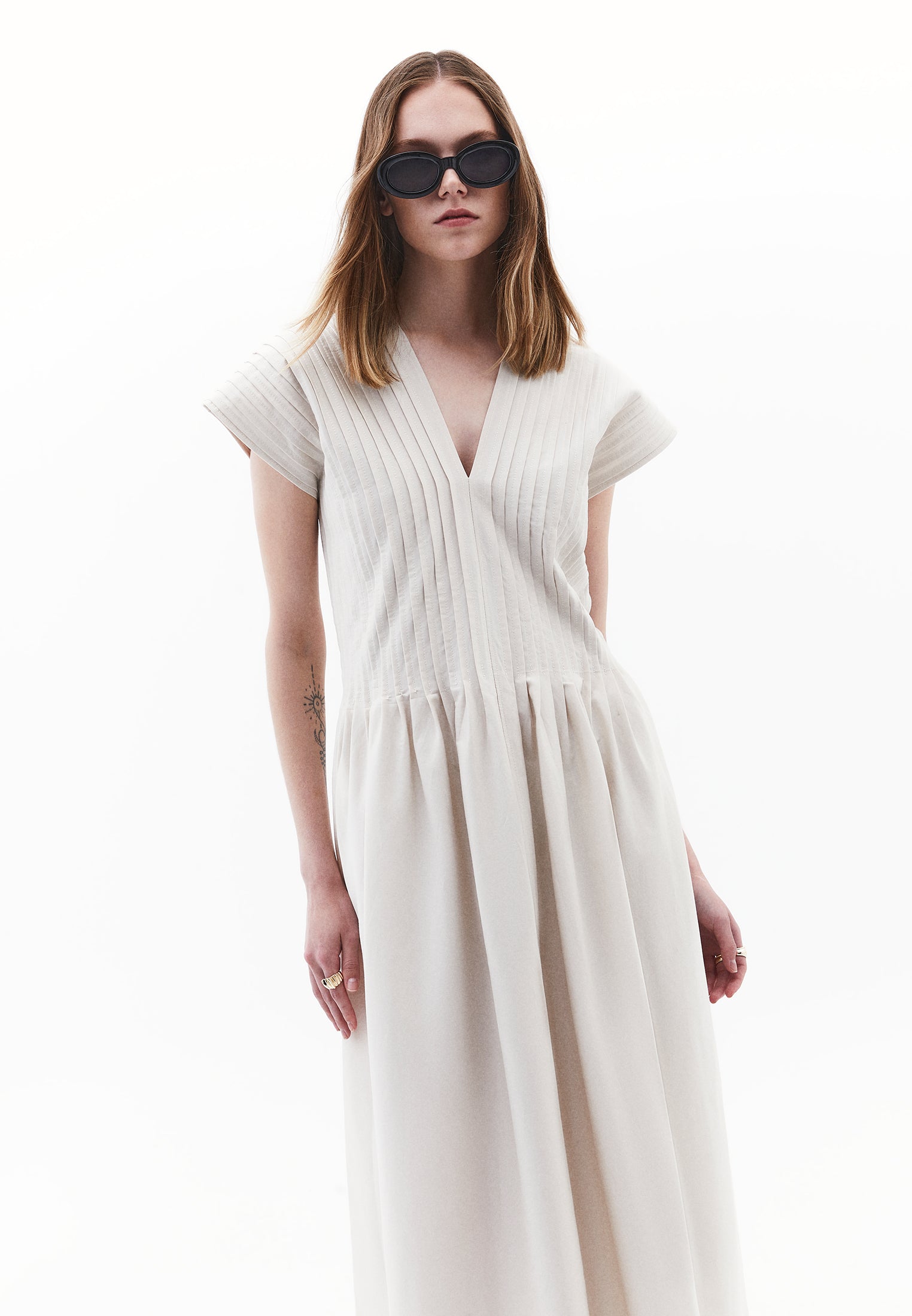 Flared V-Neck Long Dress - SILVER BIRCH