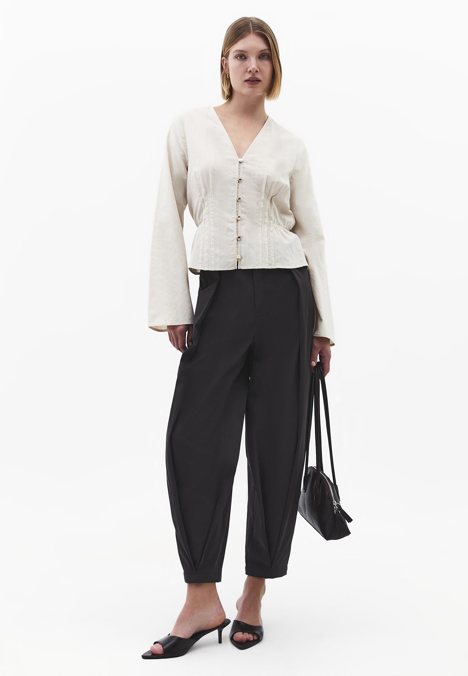 Slim Fit Blouse With Mandarin Collar And Long Sleeves - SILVER BIRCH