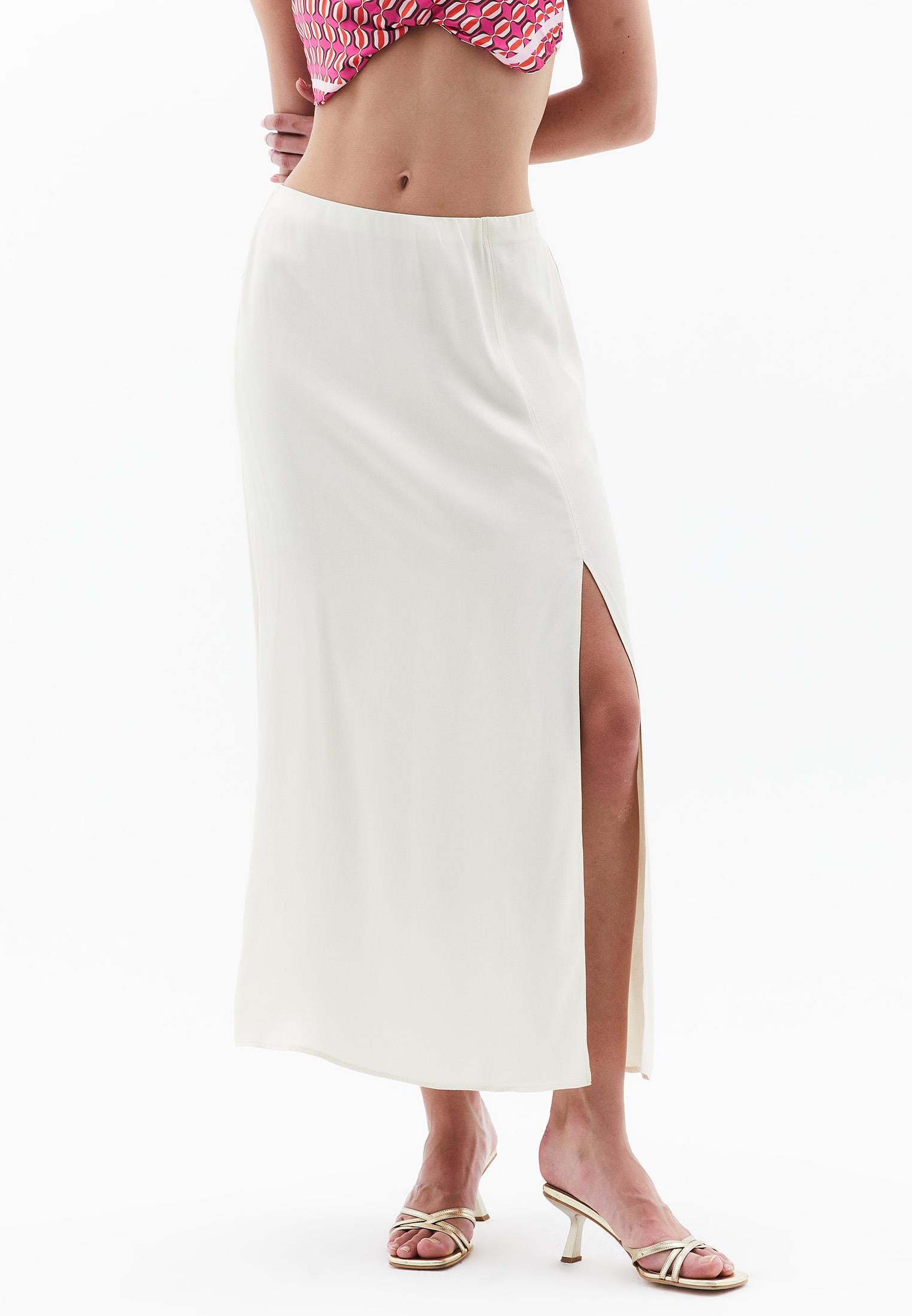 Flared Midi Skirt With Slit Detail - SILVER BIRCH