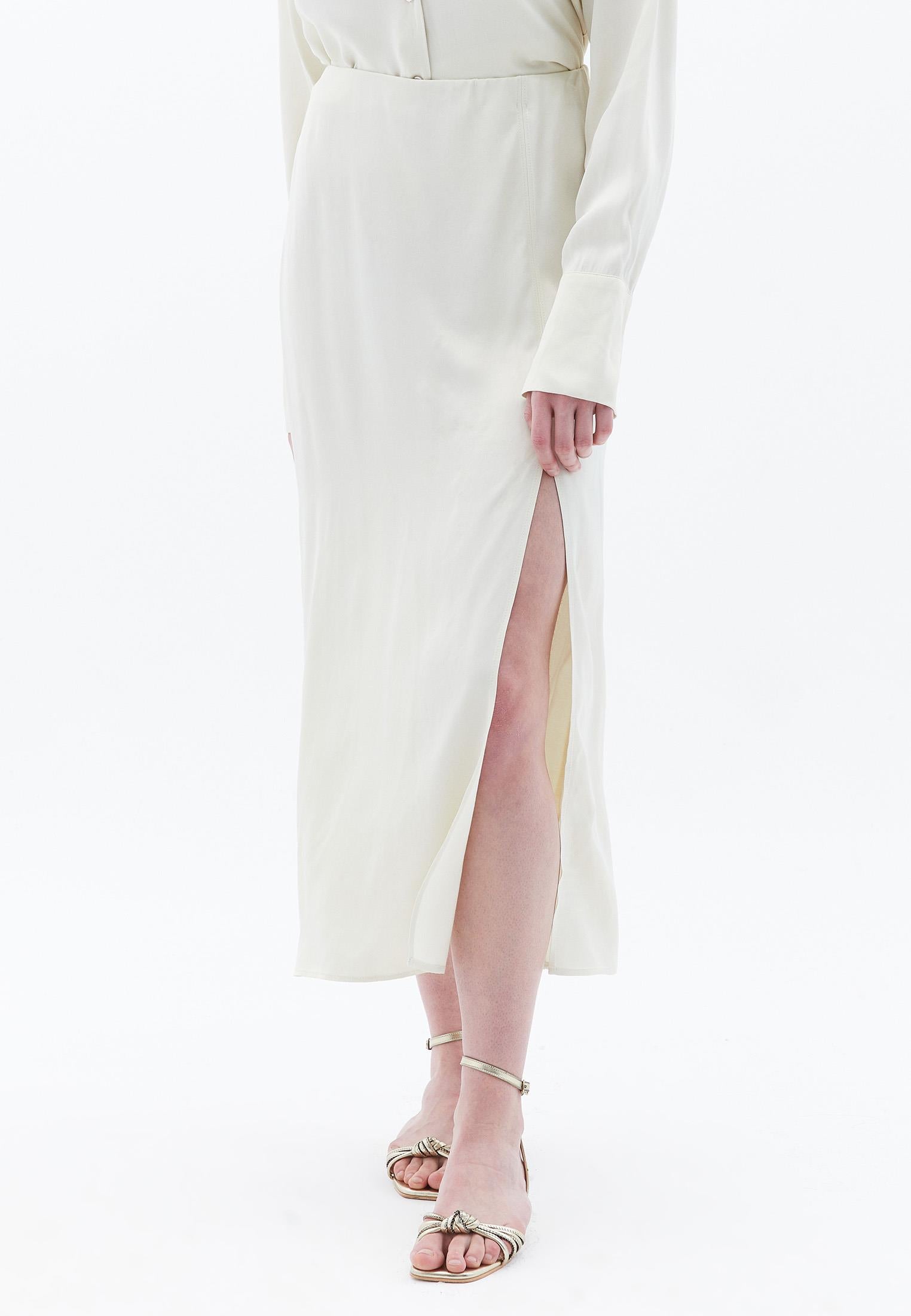 High Waist Slit Detailed Midi Skirt - SILVER BIRCH