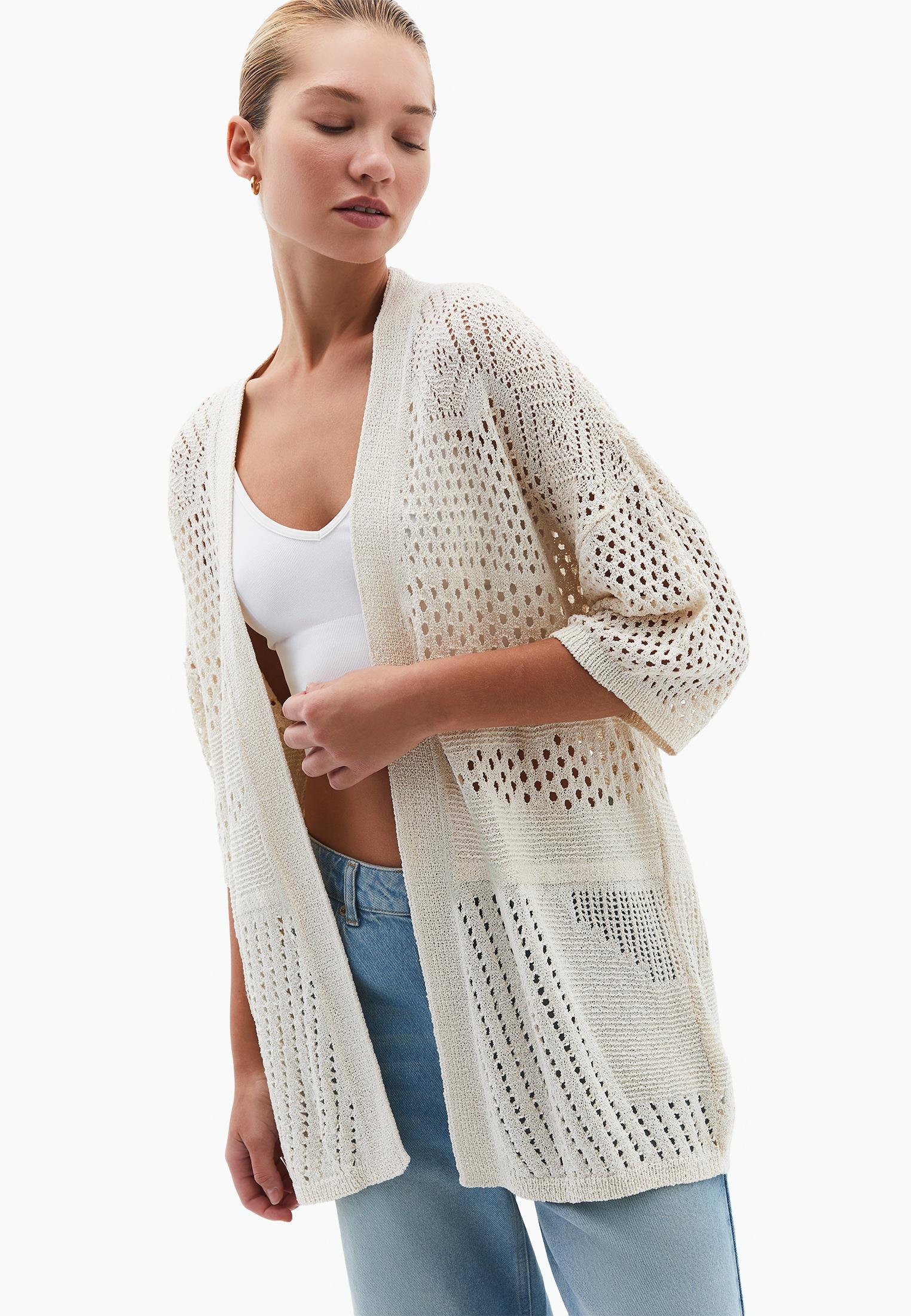 Midi Cardigan With Ajour Details - SILVER BIRCH