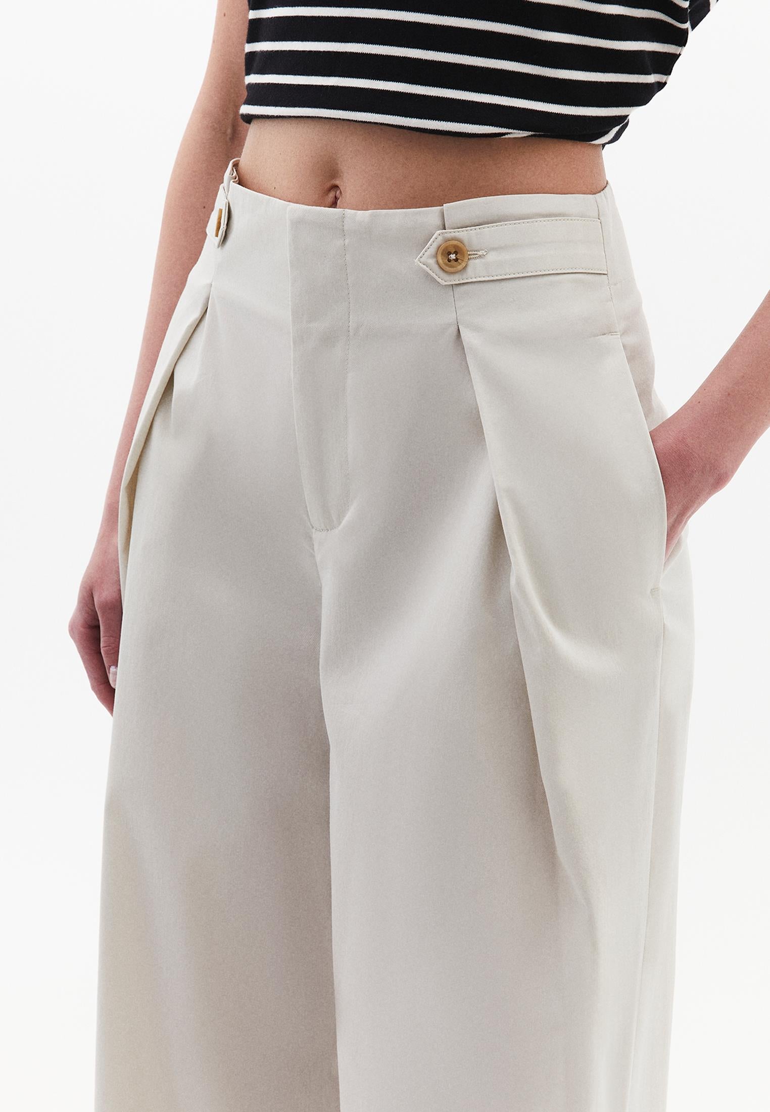 Pleated High Waist Trousers With Button Details - SILVER BIRCH