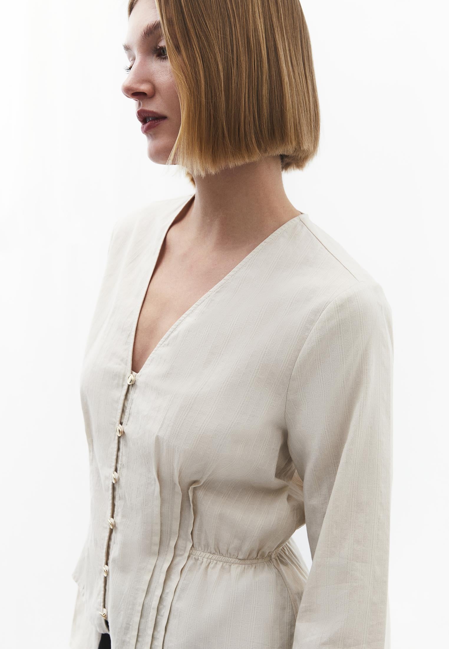 Slim Fit Blouse With Mandarin Collar And Long Sleeves - SILVER BIRCH