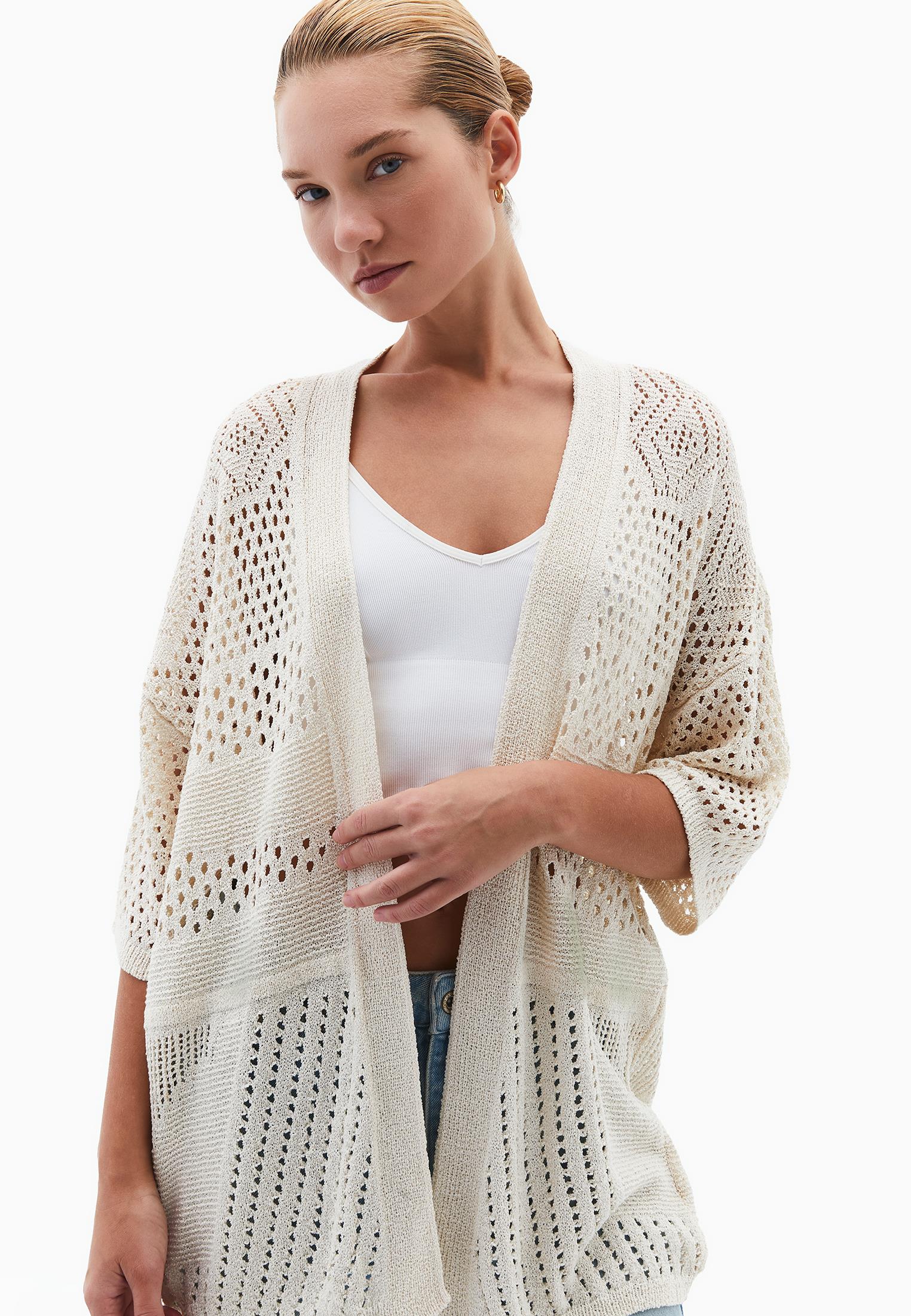 Midi Cardigan With Ajour Details - SILVER BIRCH