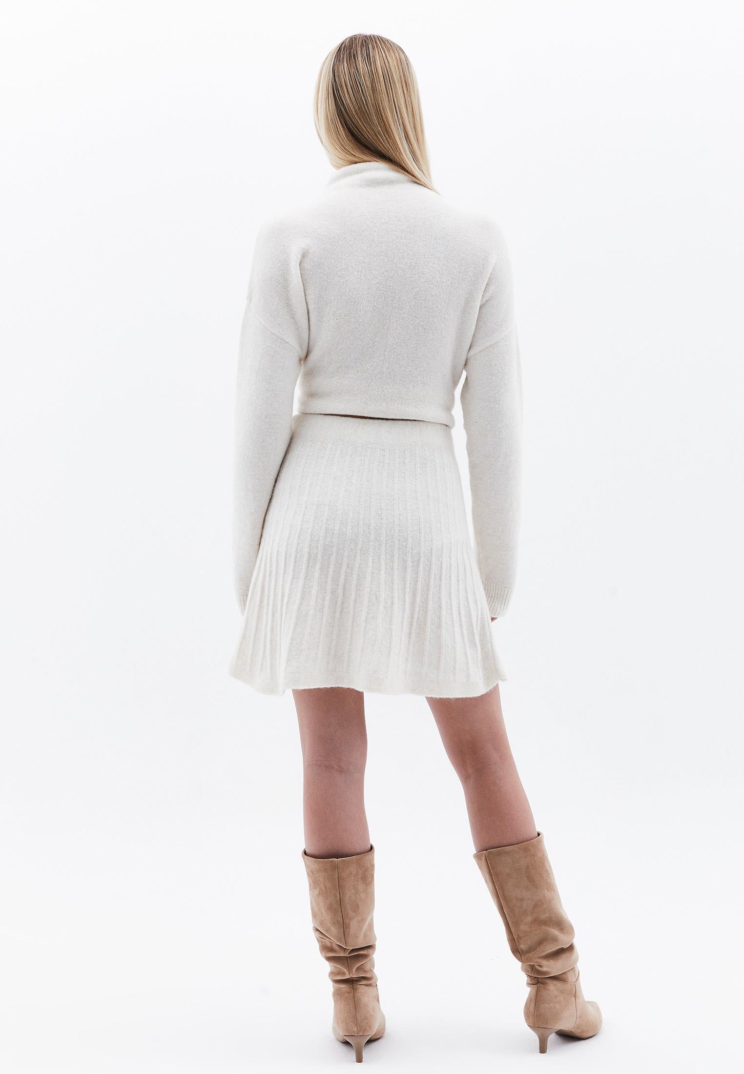 Knit Flared Pleated Short High Waist Skirt - SILVER BIRCH