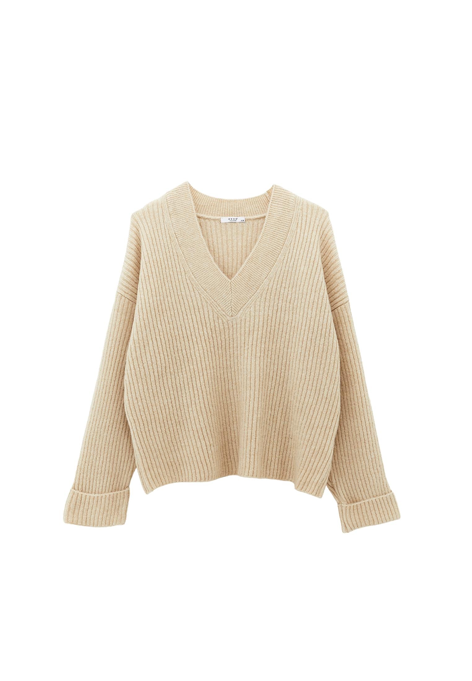 V Neck Knit Sweater - SILVER BIRCH