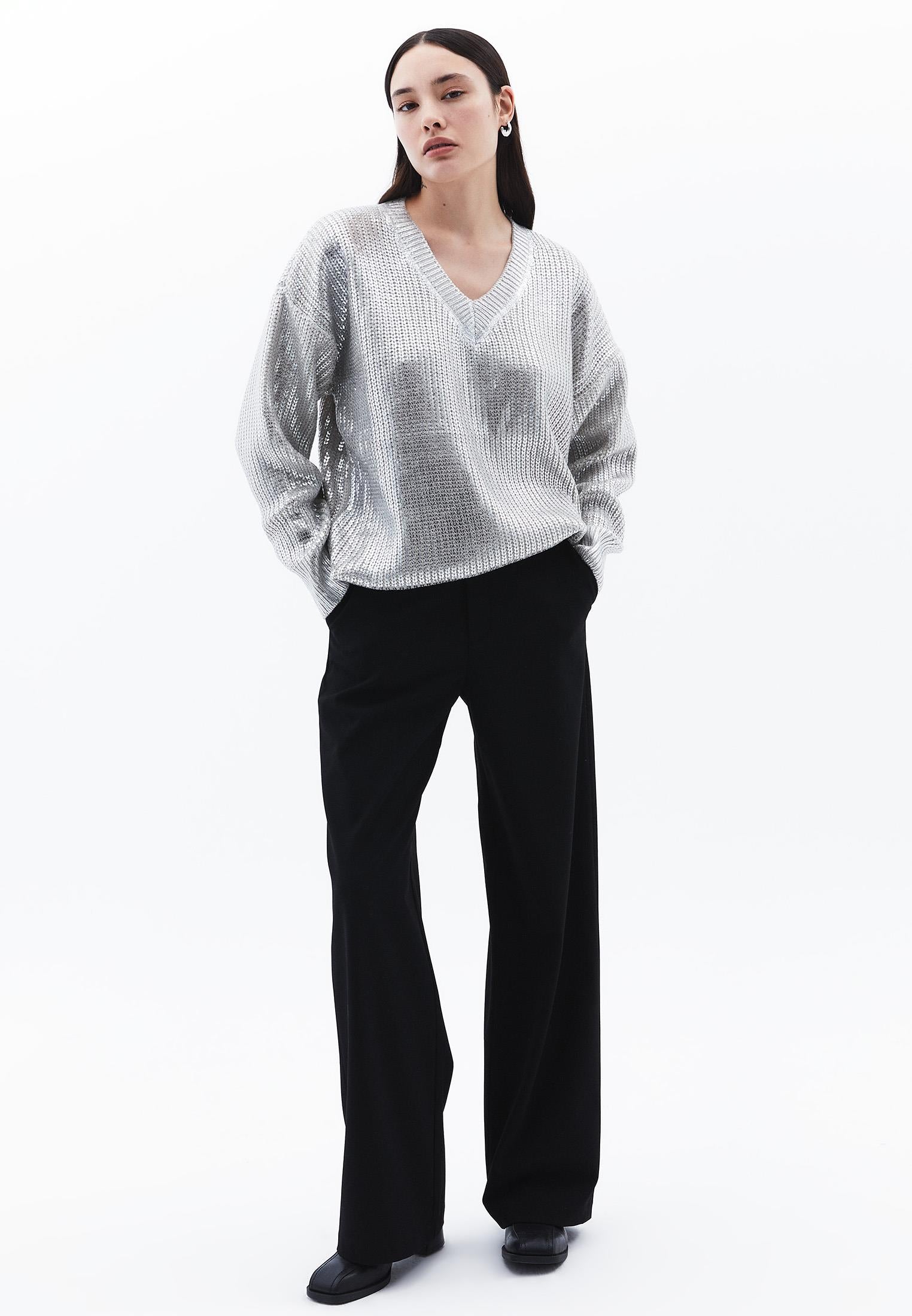 Loose Sweater With V Neck - SILVER