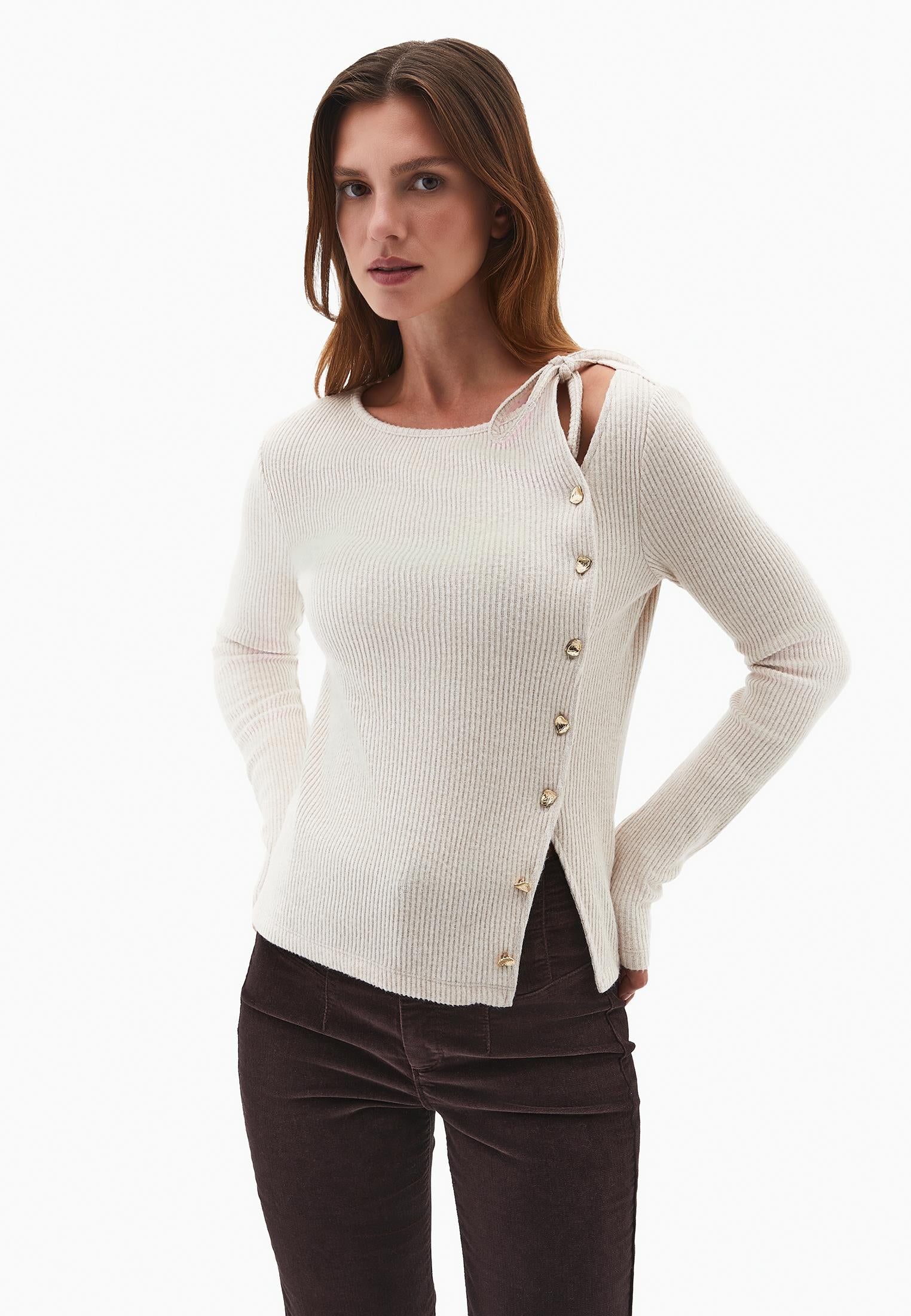 Boat Neck Long Sleeve Blouse With Button Details - SIMPLY TAUPE MELANGE