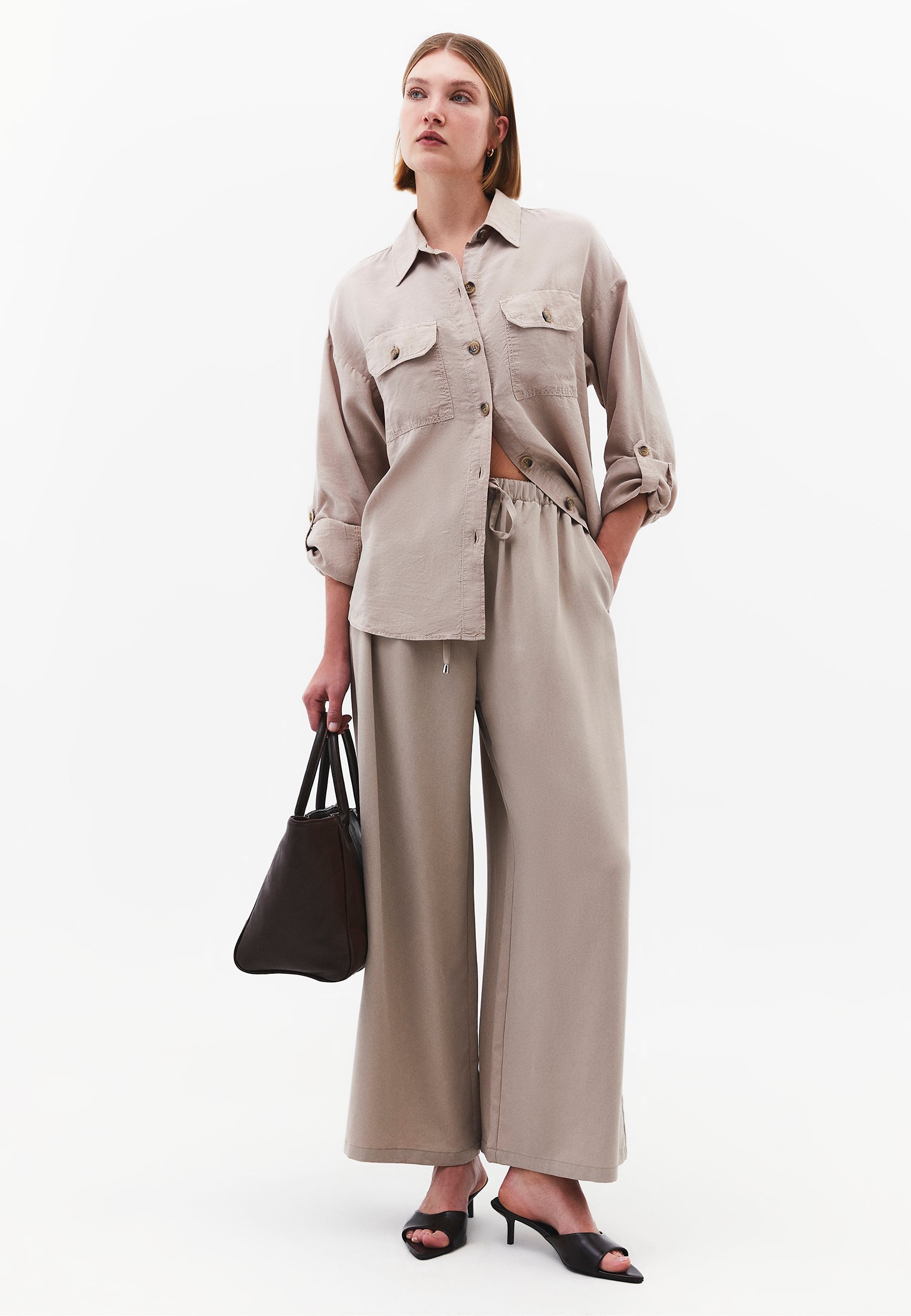 Wide Leg High Waist Elastic Pants - SIMPLY TAUPE