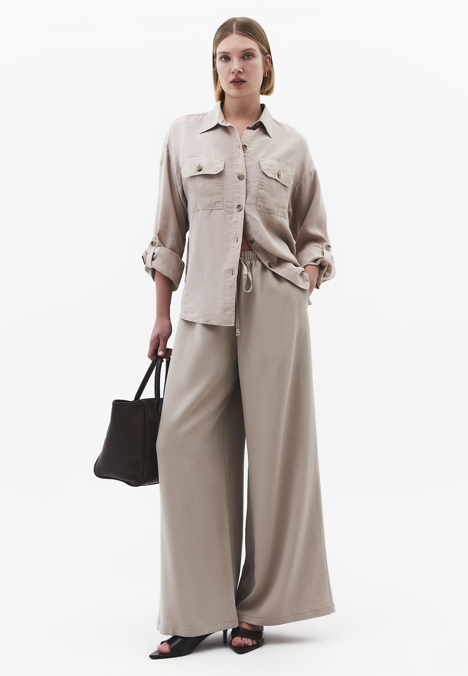 Wide Leg Elastic Women Trousers - SIMPLY TAUPE