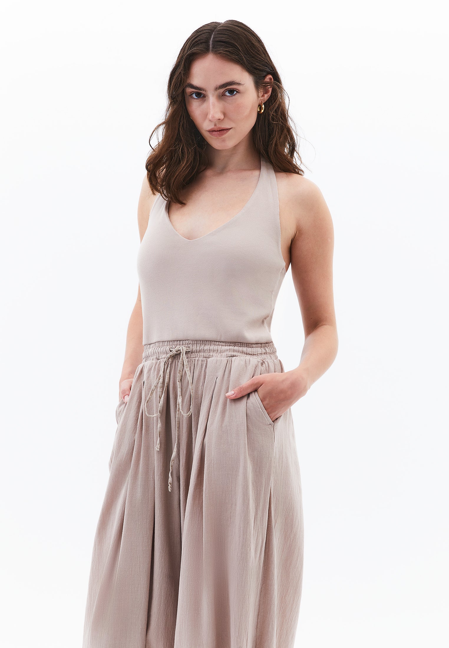 V Neck Elastic Women's Jumpsuit - SIMPLY TAUPE