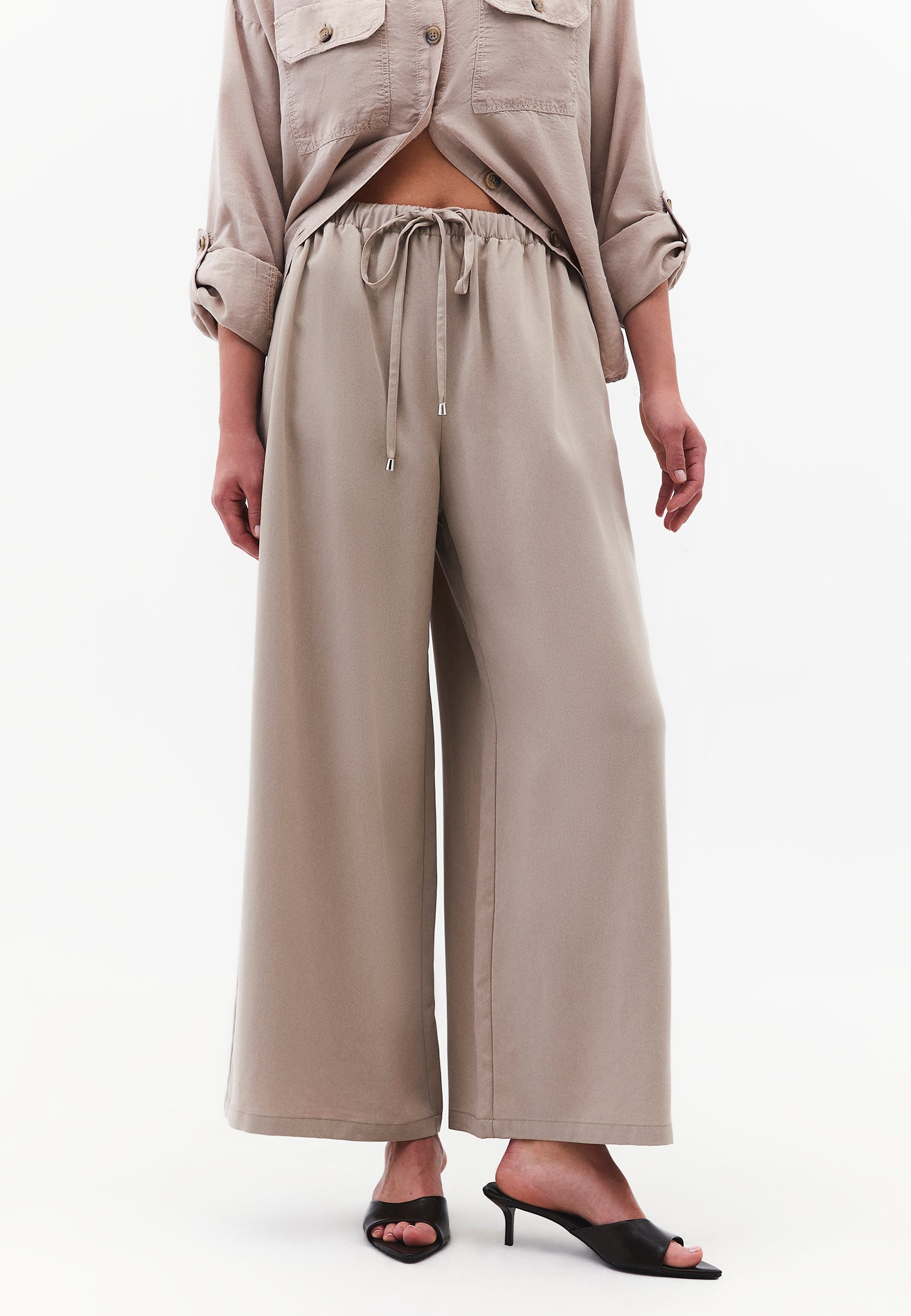 Wide Leg High Waist Elastic Pants - SIMPLY TAUPE