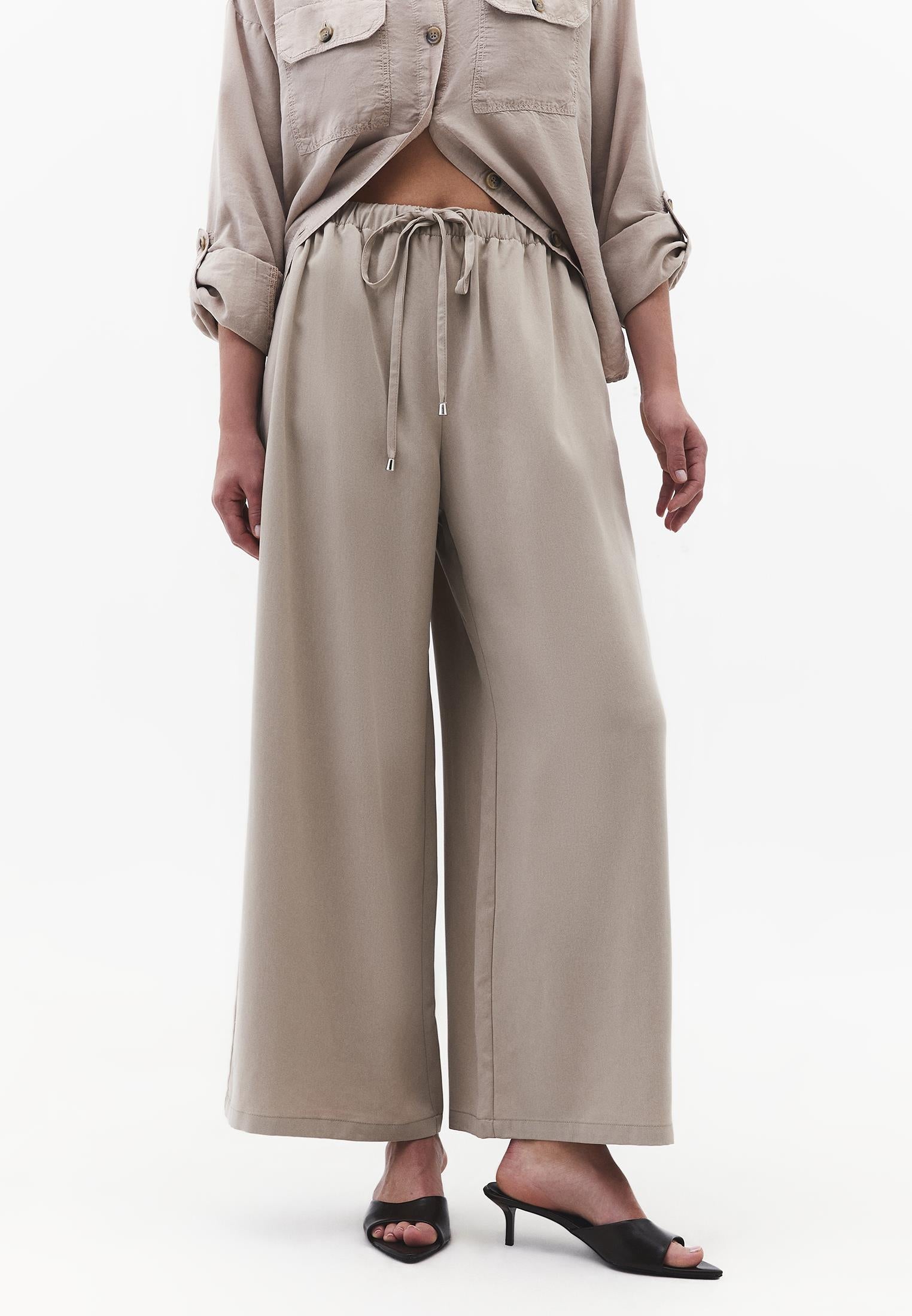 Wide Leg High Waist Elastic Pants - SIMPLY TAUPE