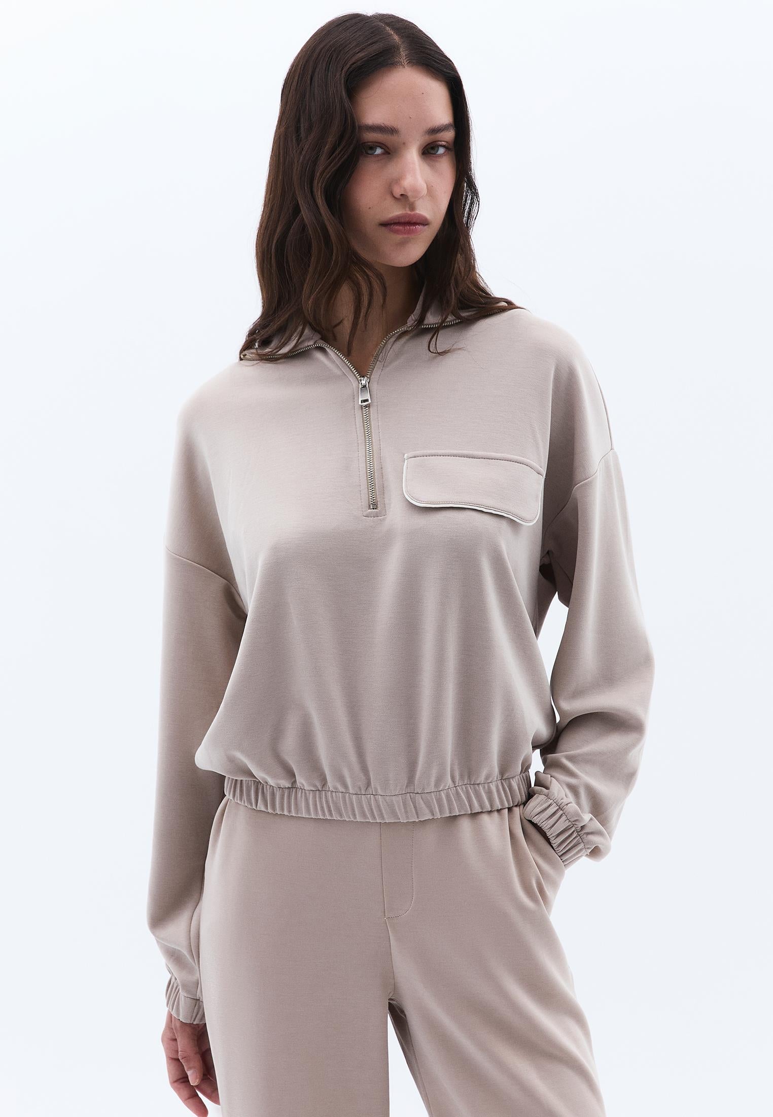 Sweatshirt With Pocket Detail And High Collar - SIMPLY TAUPE