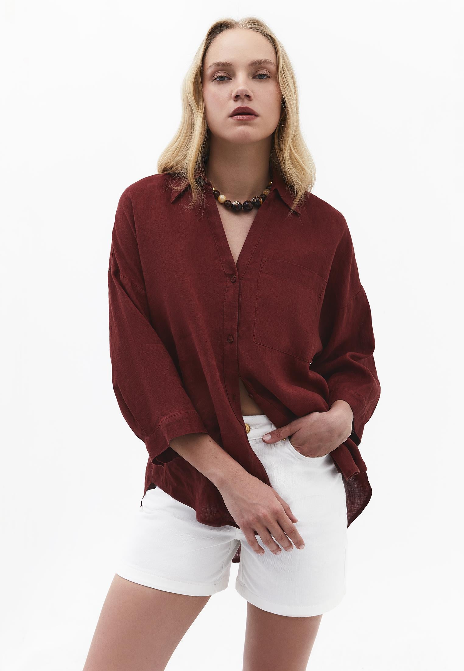 Shirt Collar Oversize Tunic Shirt - SPICED APPLE