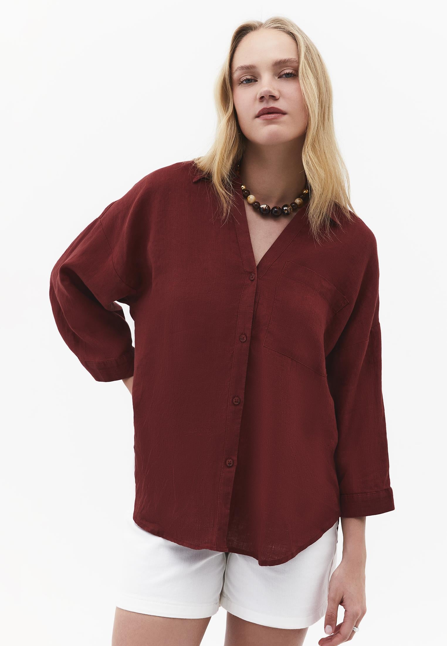 Shirt Collar Oversize Tunic Shirt - SPICED APPLE
