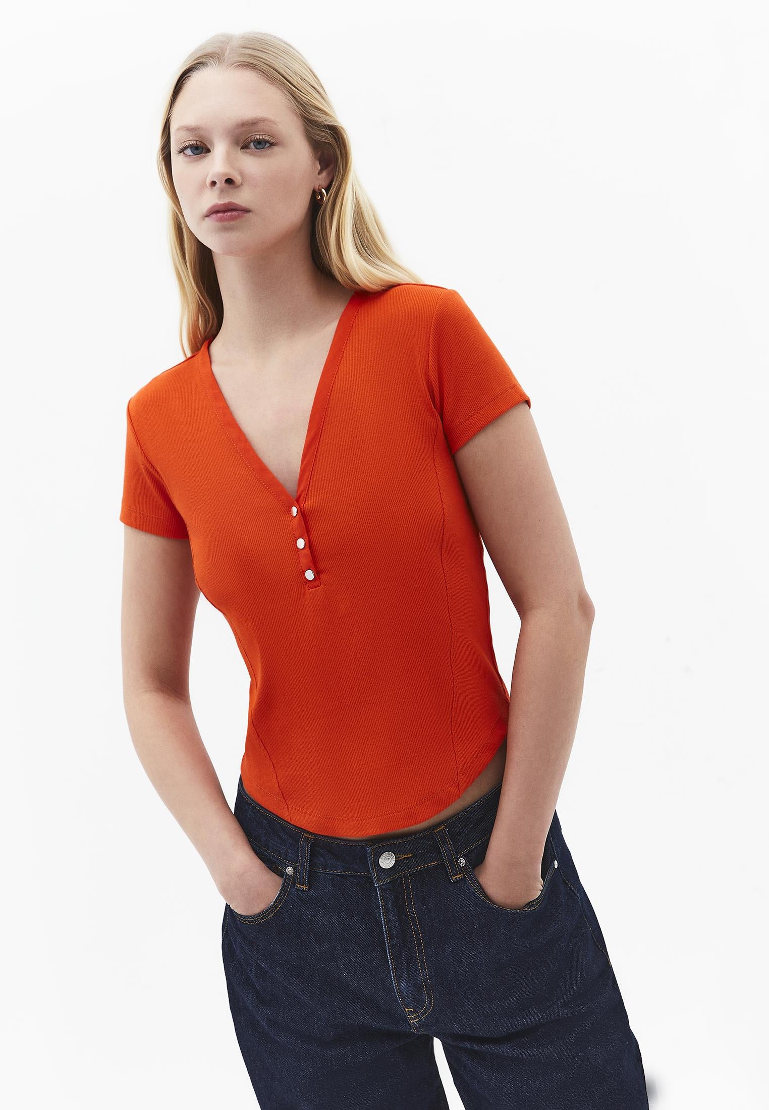 V Neck Slim Fit T-Shirt - SPICY ORANGE