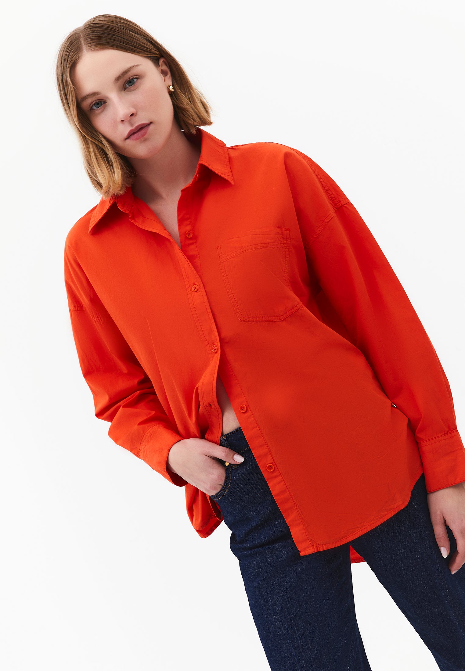 Oversized Long-Sleeve Shirt with Pocket Detail - SPICY ORANGE