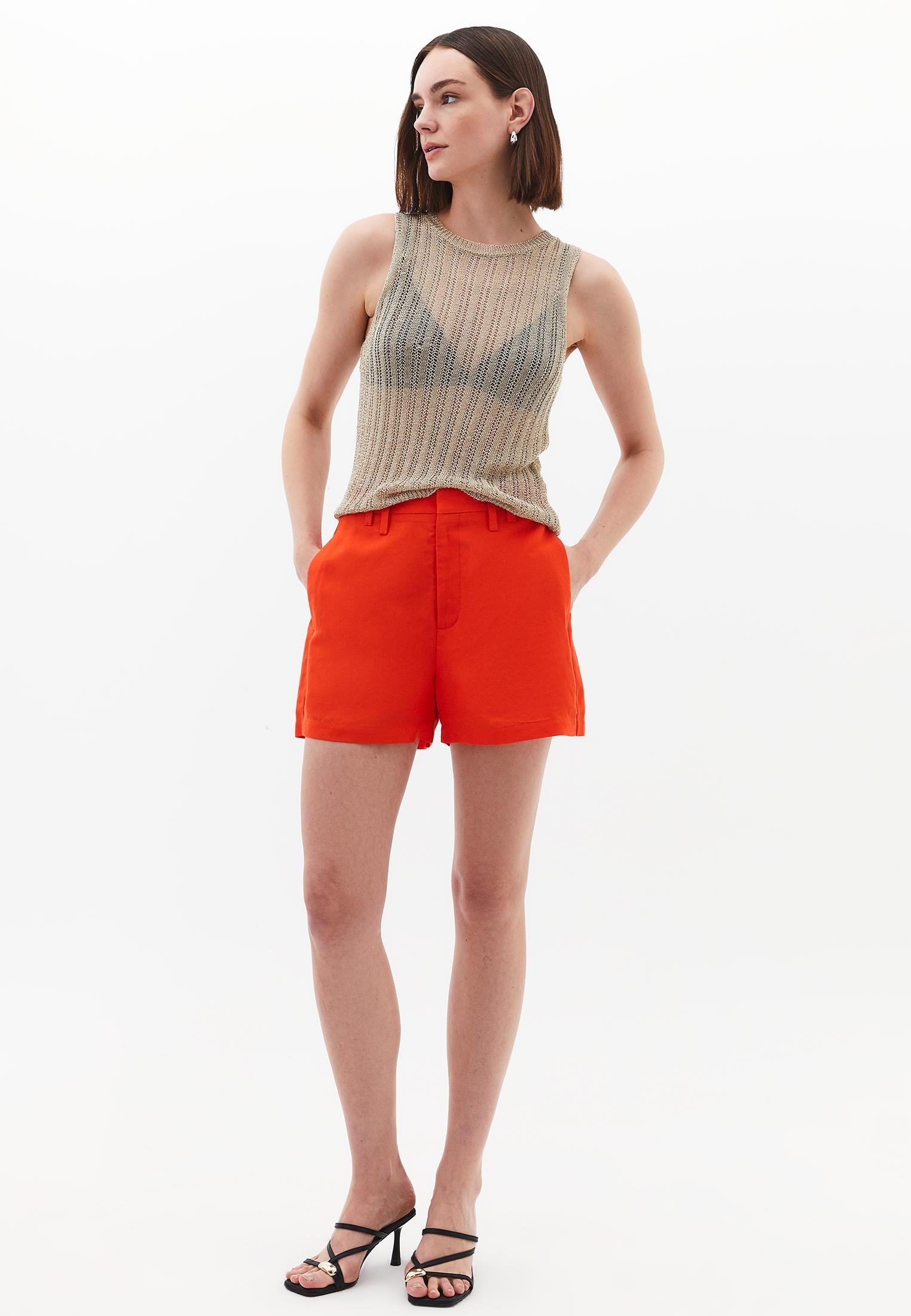 High Waist Short With Belt Detail - SPICY ORANGE