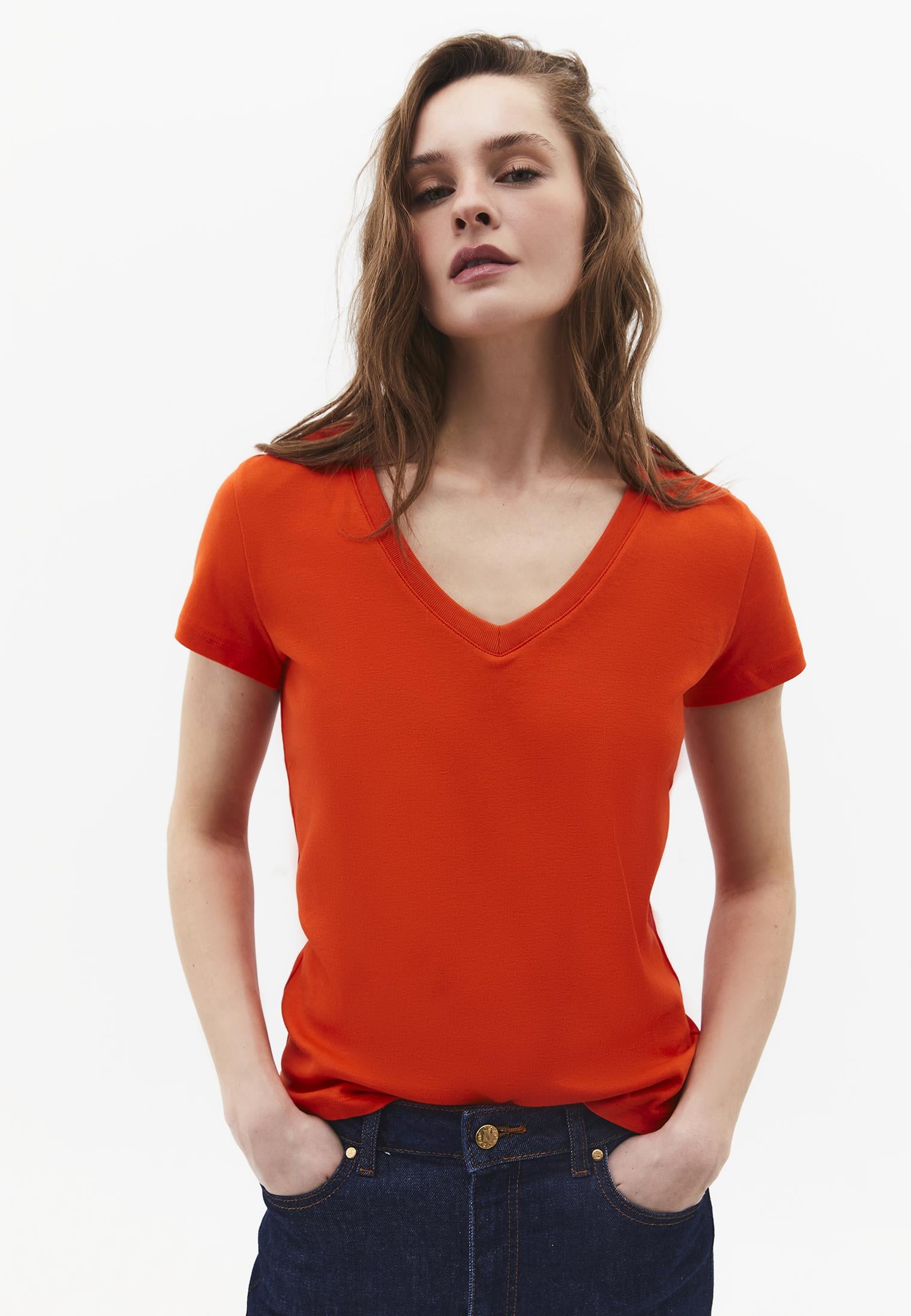 V Neck Short Sleeve Slim T-Shirt - SPICY ORANGE