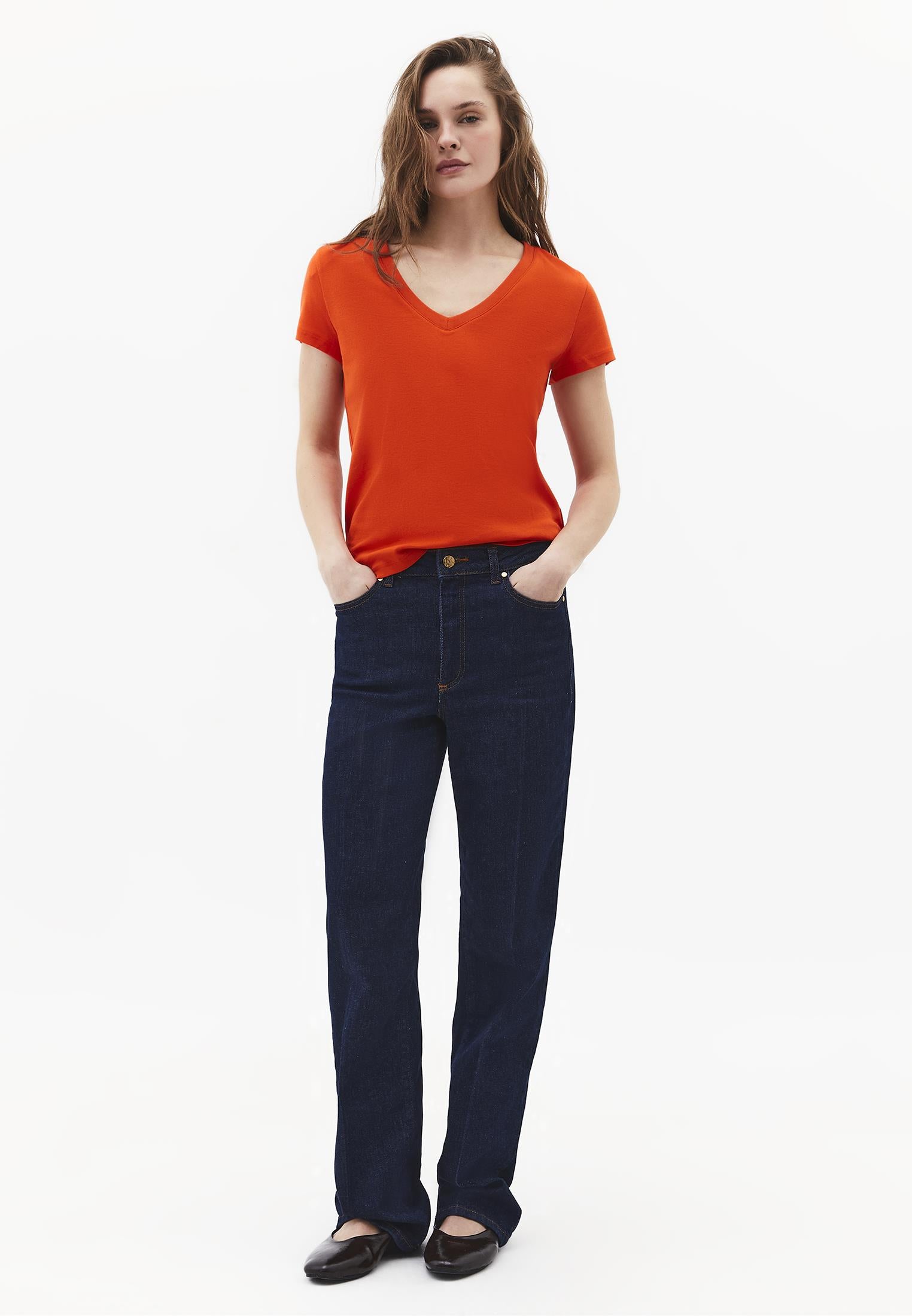 V Neck Short Sleeve Slim T-Shirt - SPICY ORANGE