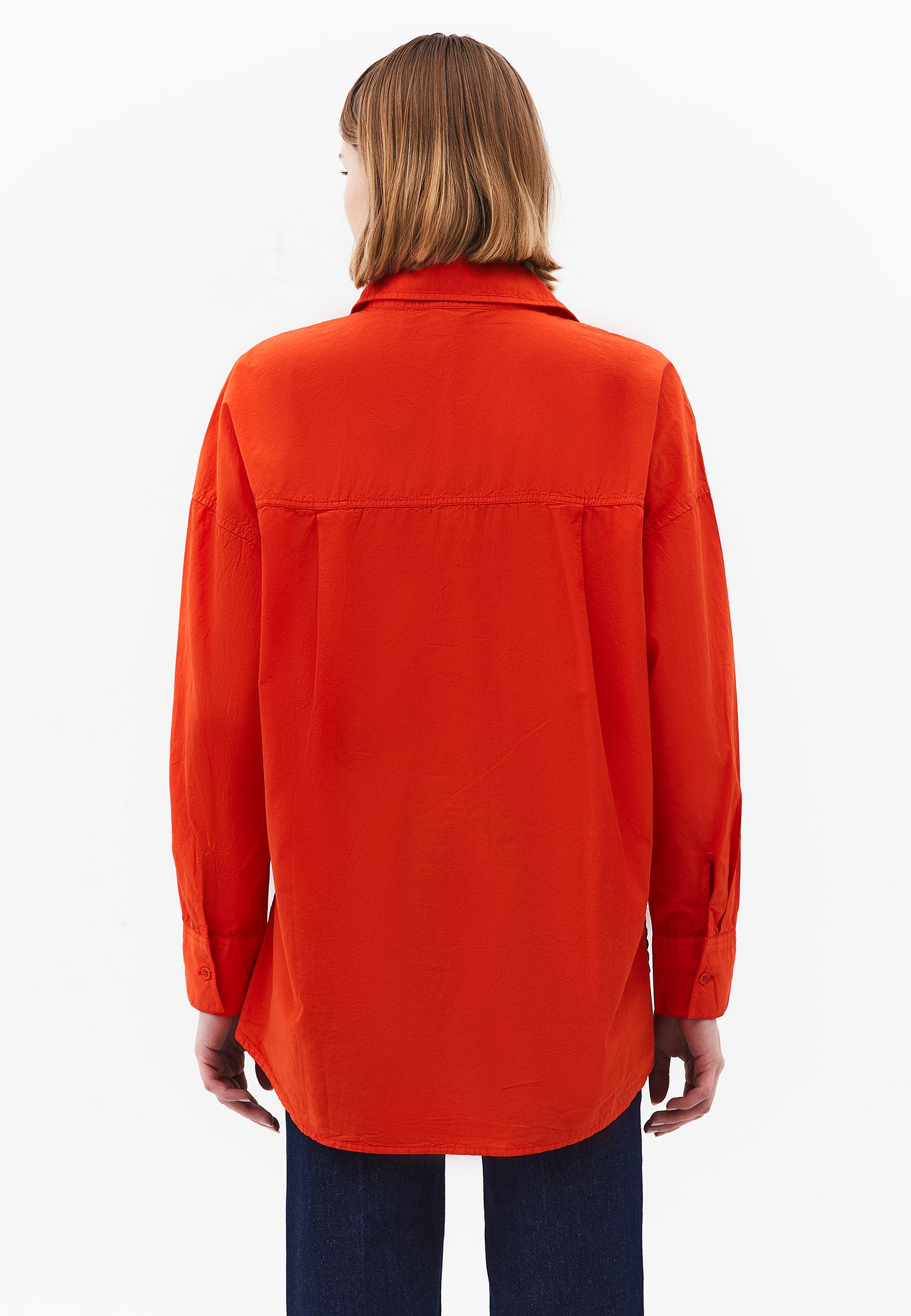 Oversized Long-Sleeve Shirt with Pocket Detail - SPICY ORANGE