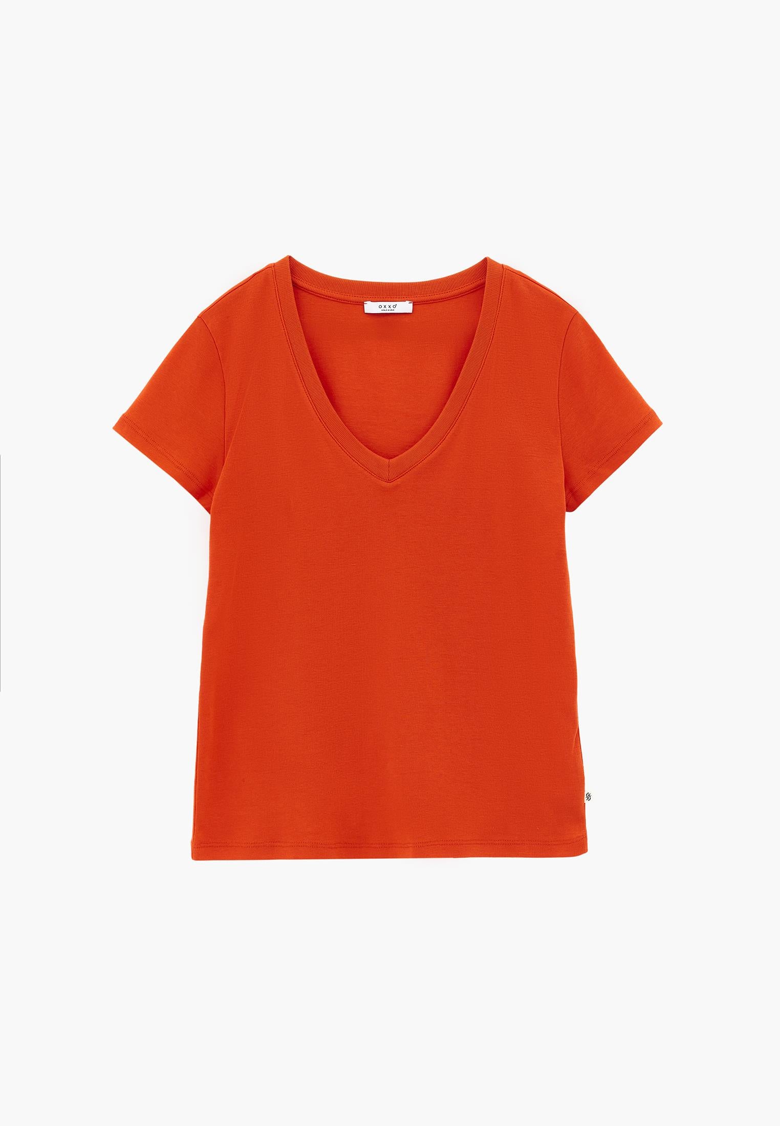 V Neck Short Sleeve Slim T-Shirt - SPICY ORANGE