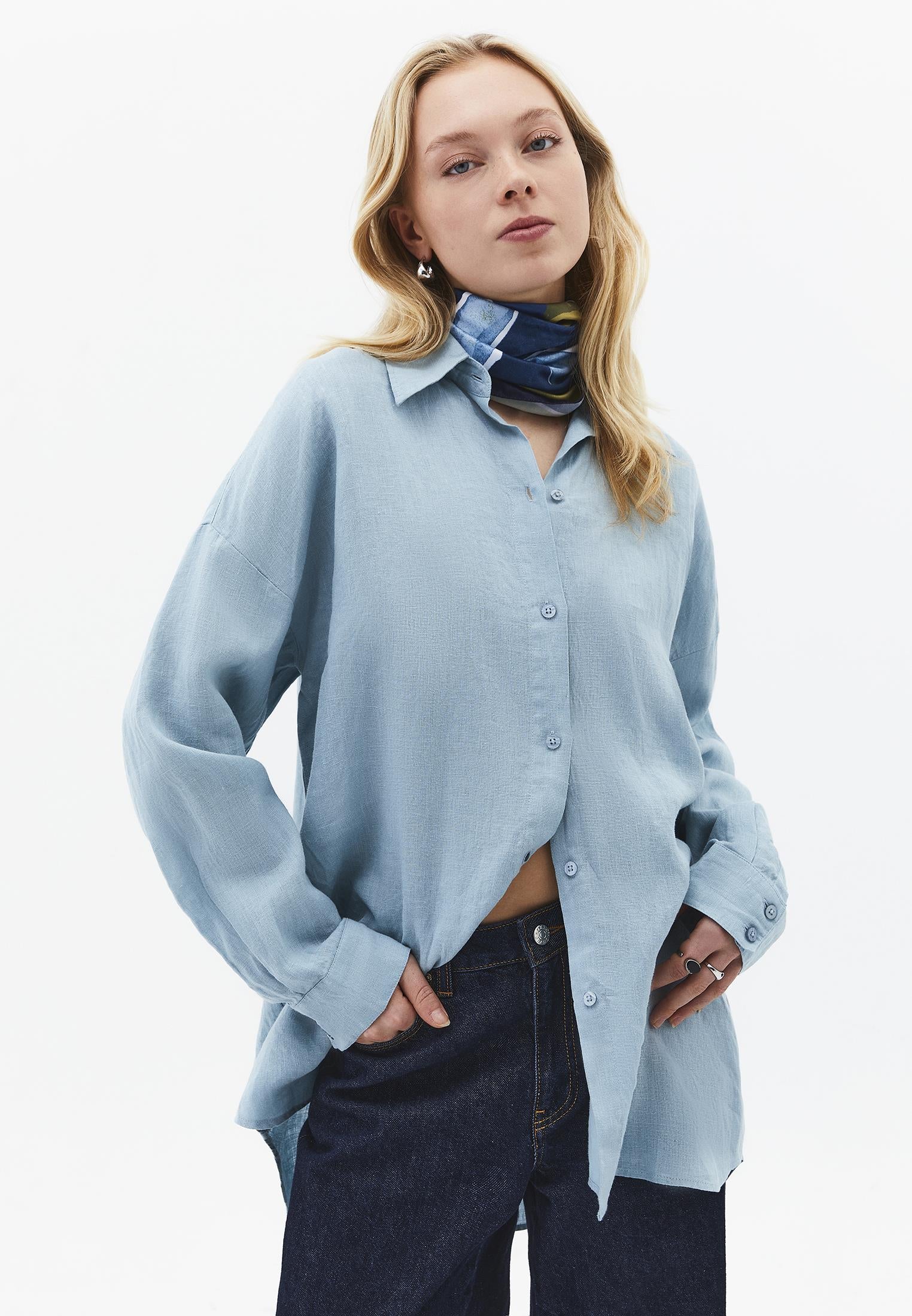 Oversize Shirt Collar Long Shirt - STONE BLUE