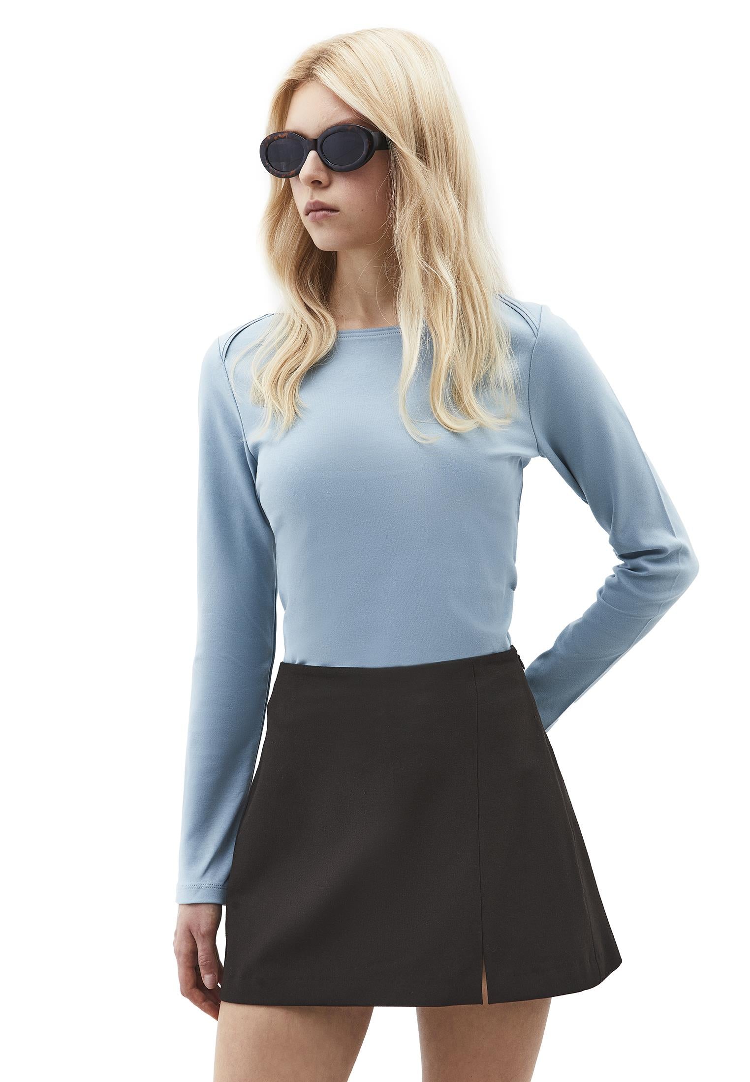 Boat Neck Long Sleeve T-Shirt - STONE BLUE