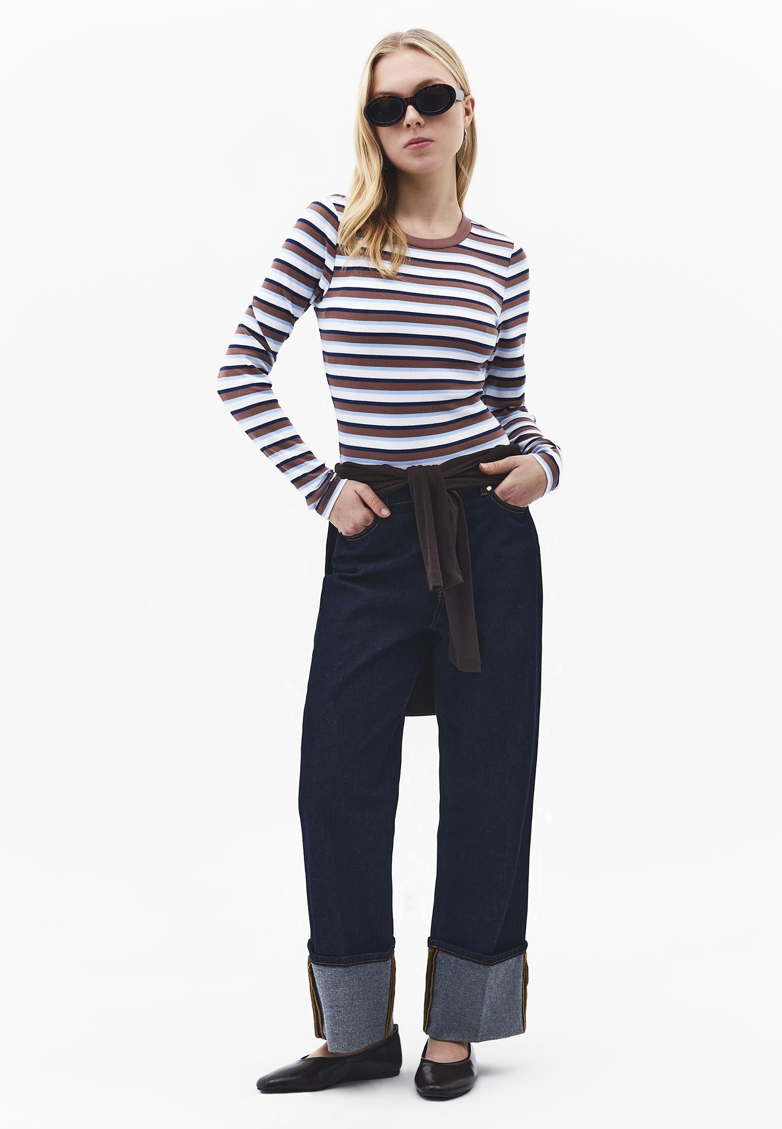 Crew Neck Long Sleeve Bodycon T-Shirt - STRIPED COMB