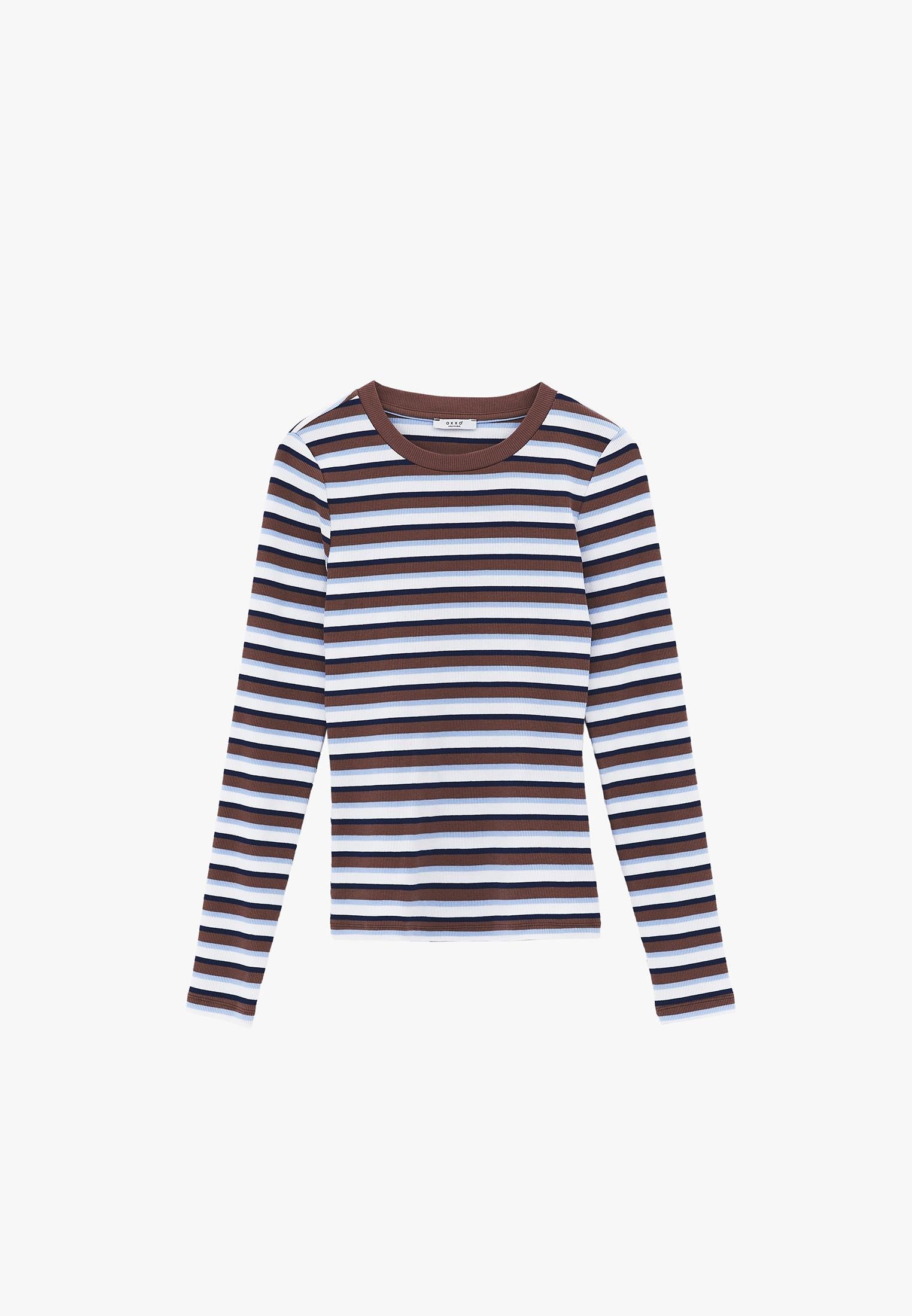 Crew Neck Long Sleeve Bodycon T-Shirt - STRIPED COMB
