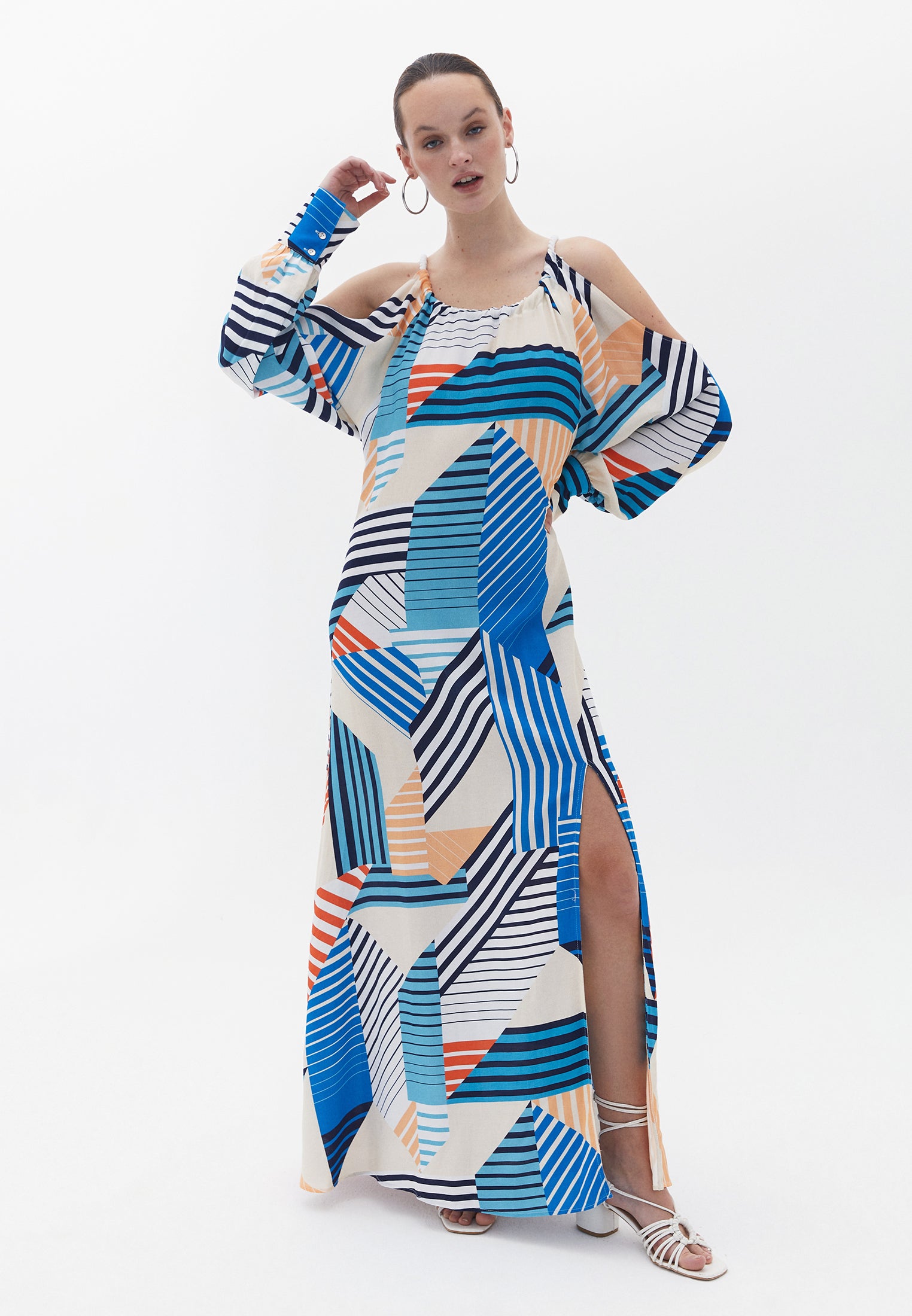 Halter Neck Maxi Printed Dress With Slit And Tie - STRIPE MIX COMB