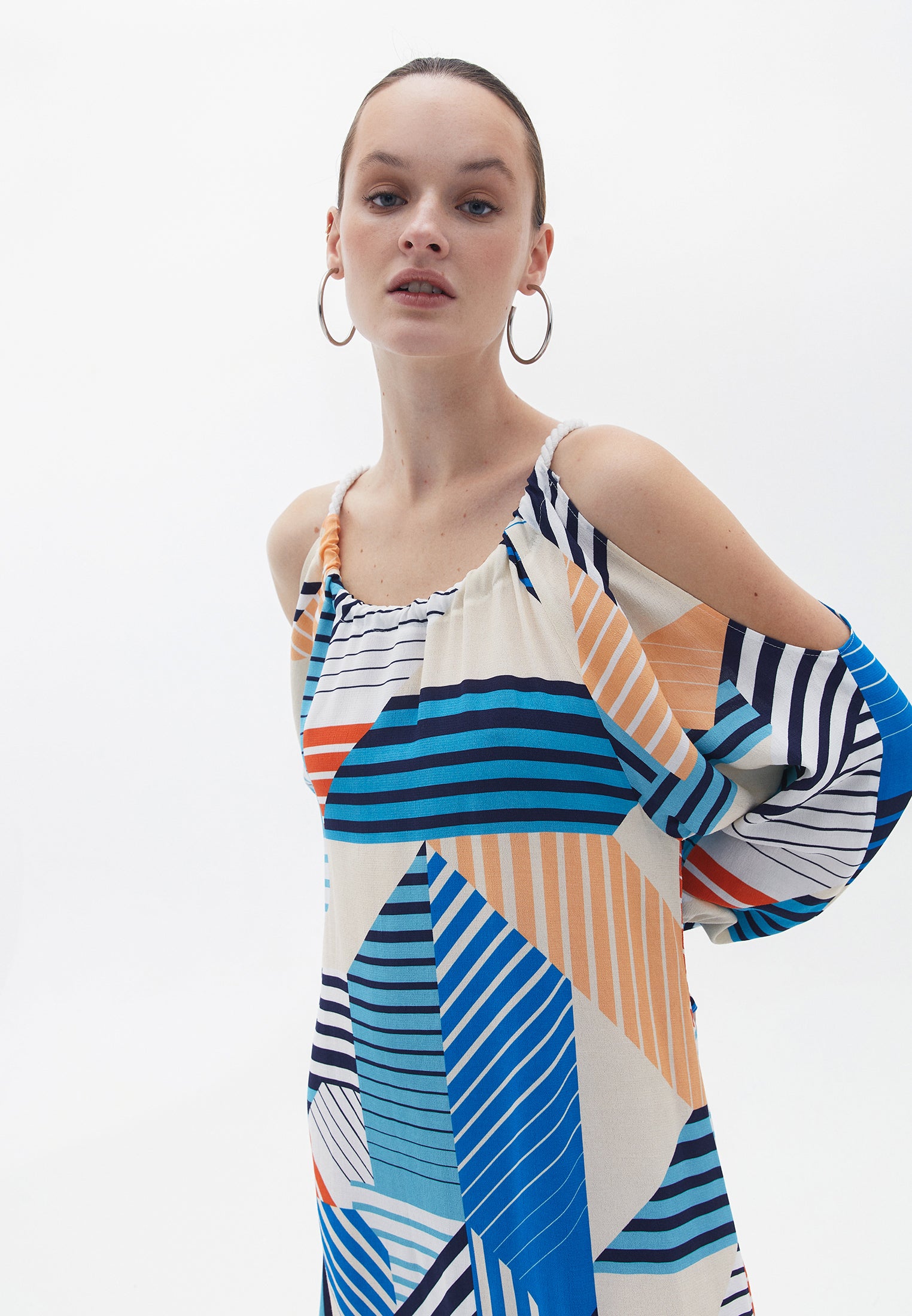 Halter Neck Maxi Printed Dress With Slit And Tie - STRIPE MIX COMB
